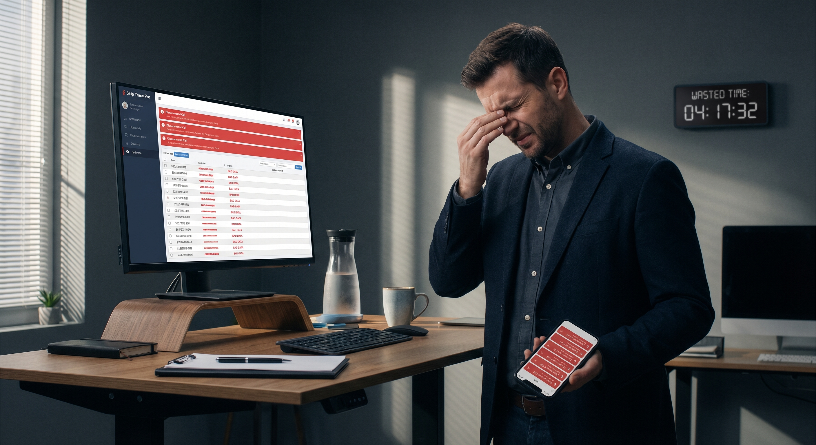 Investor frustrated with phone showing failed call attempts and skip tracing software with outdated contact data