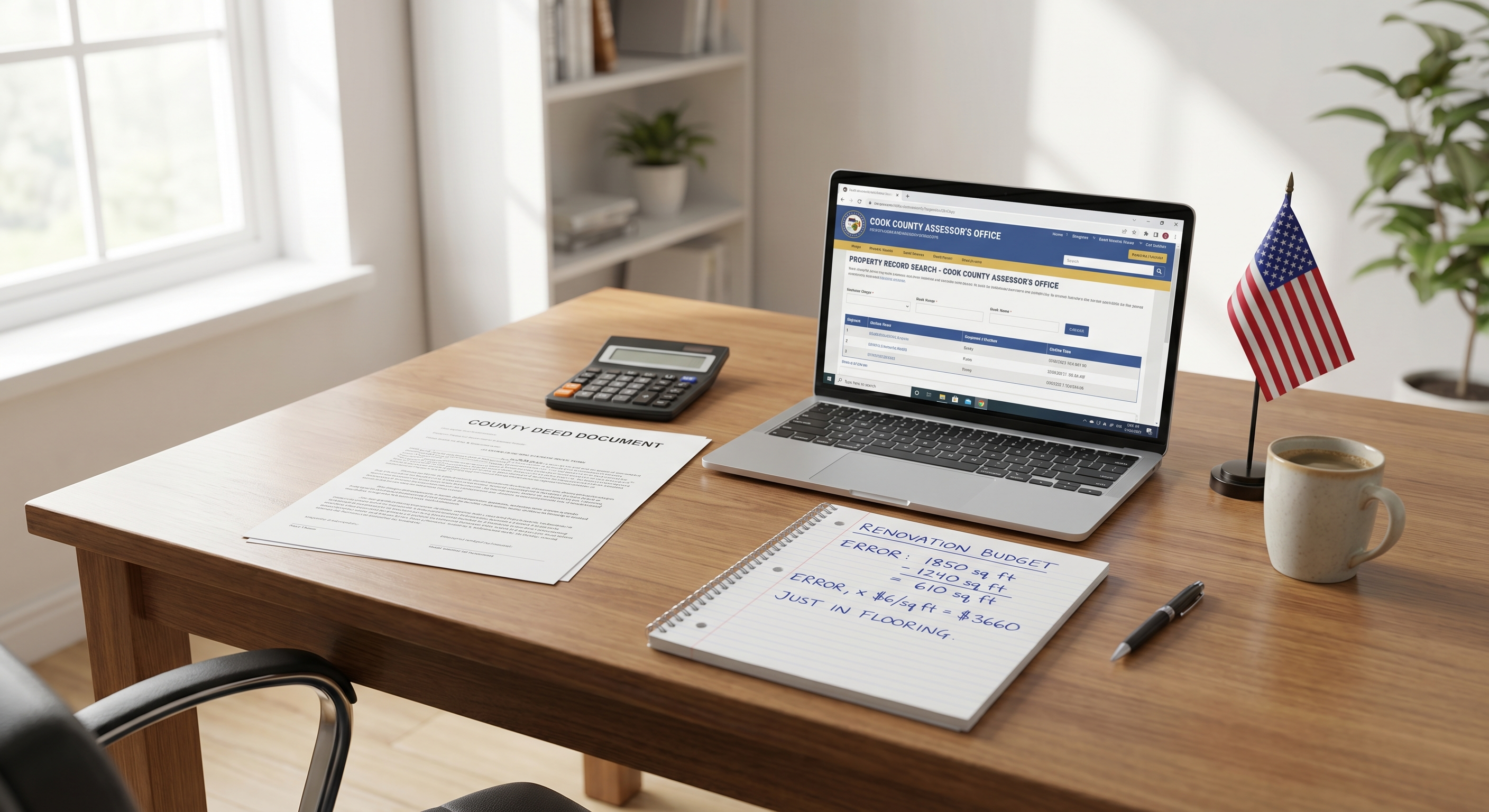 County assessor government portal on laptop next to deed documents and calculator showing 610 sqft budget error calculation