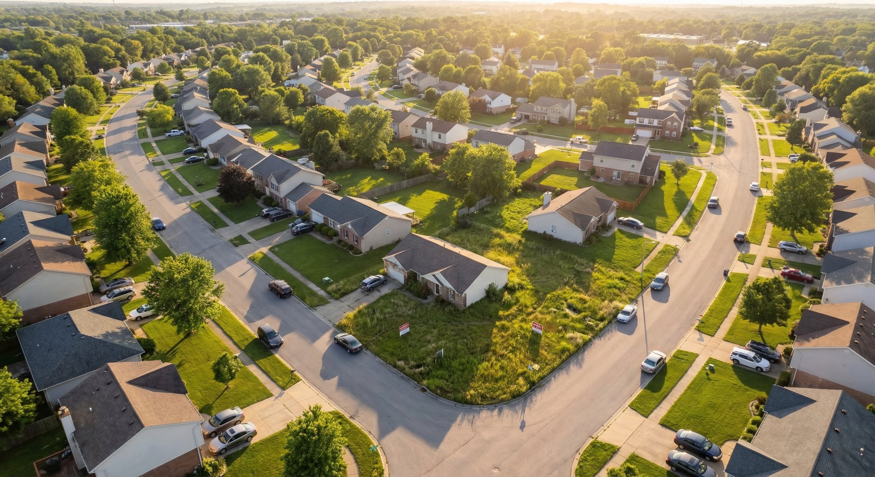 Aerial drone view of a suburban cul-de-sac with bank-owned foreclosure properties visible