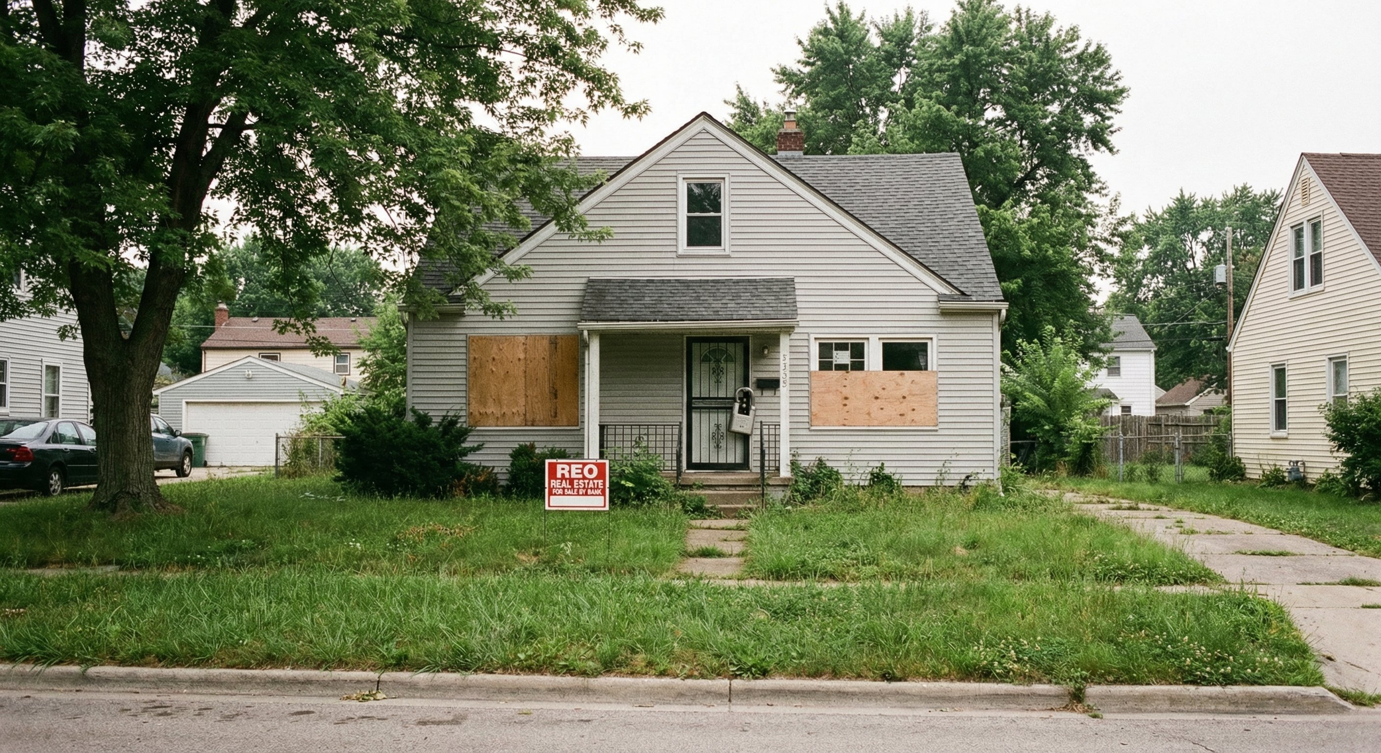 A real estate investor reviewing property details in front of a bank-owned home with overgrown yard