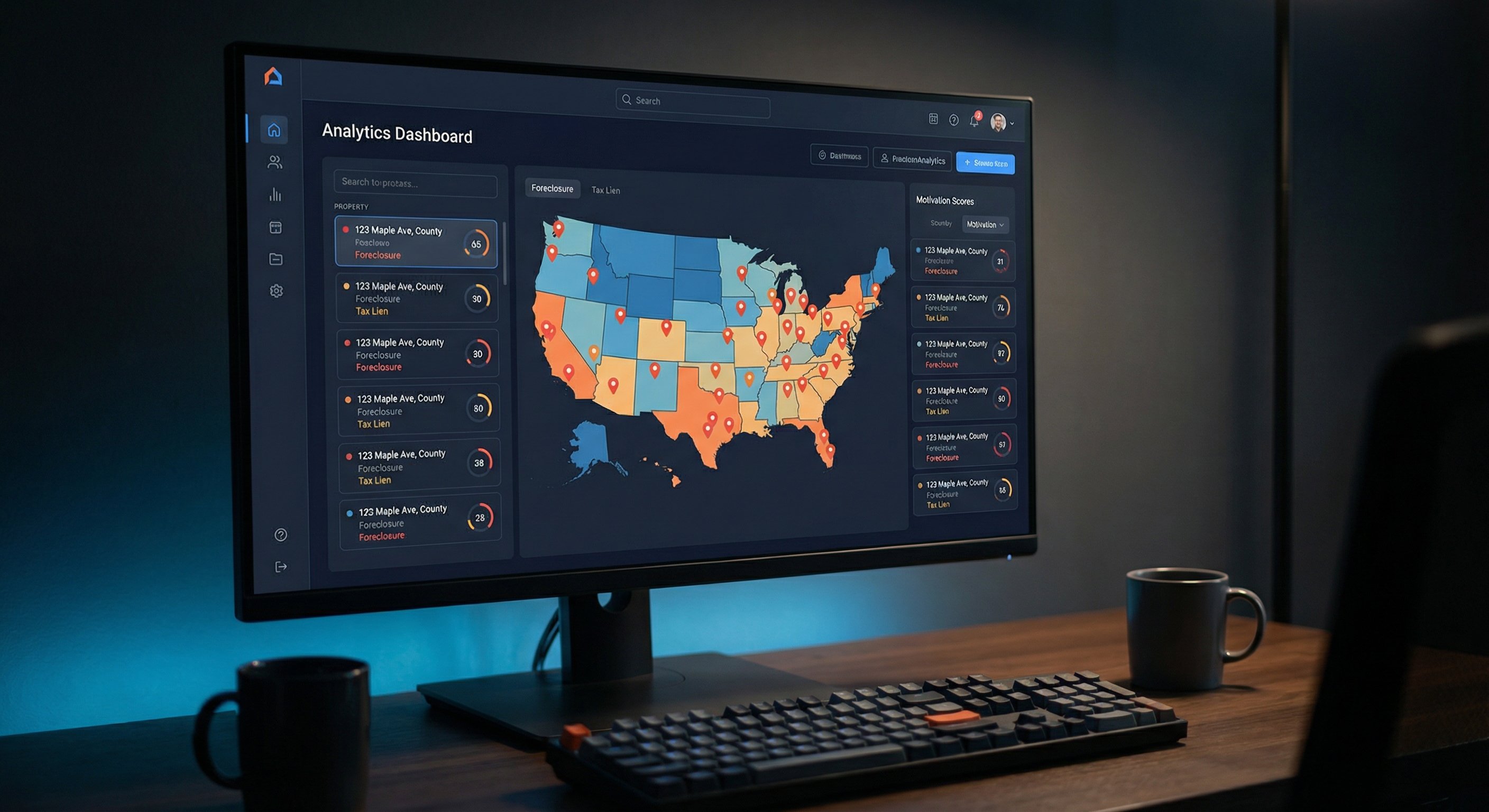Dark-themed analytics dashboard showing a US county map with distress-signal property pins and motivation scores displayed on a monitor in a modern home office