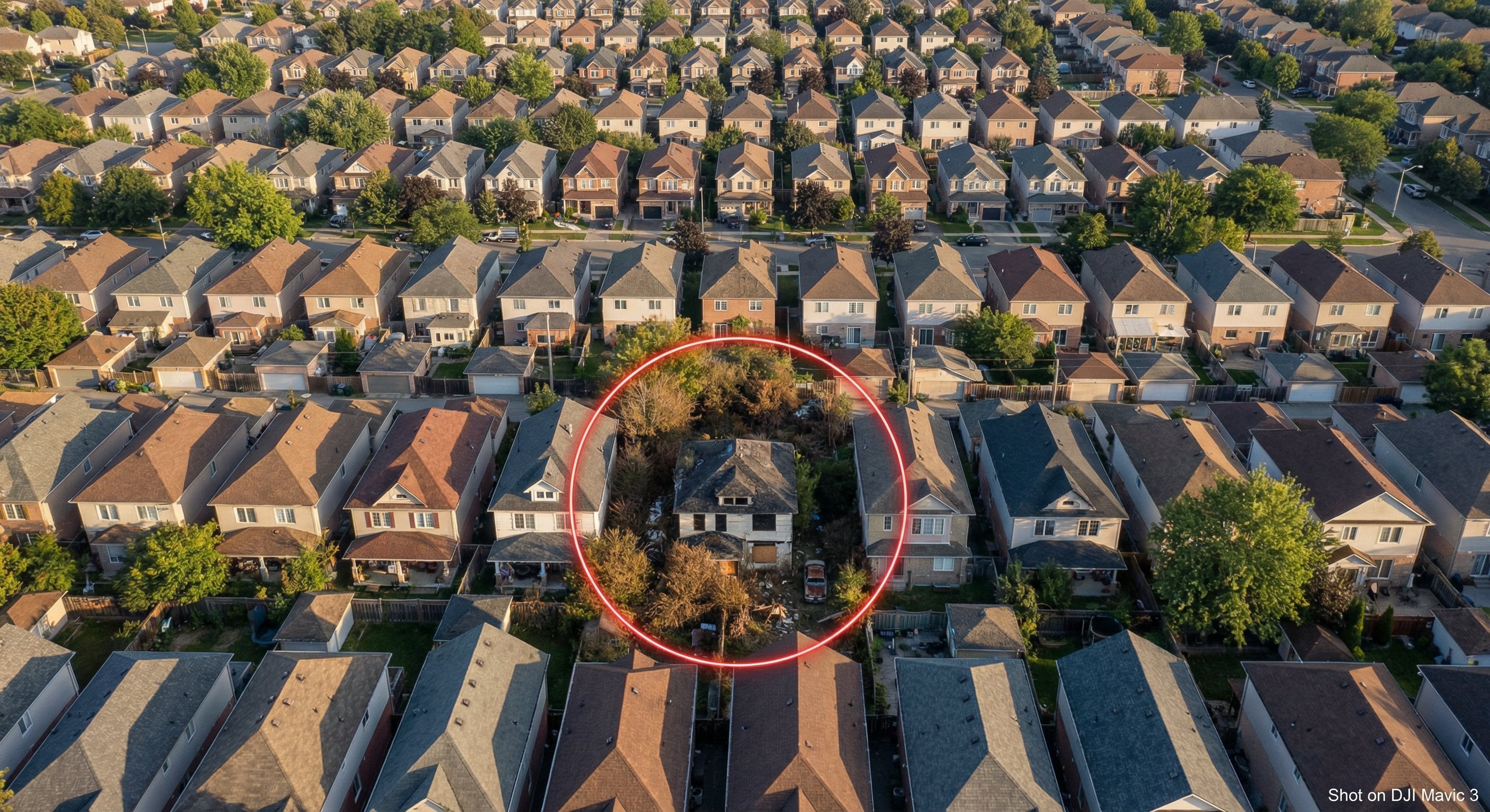 Aerial drone photograph looking straight down at a suburban neighborhood with one highlighted distressed property showing overgrown yard and boarded windows