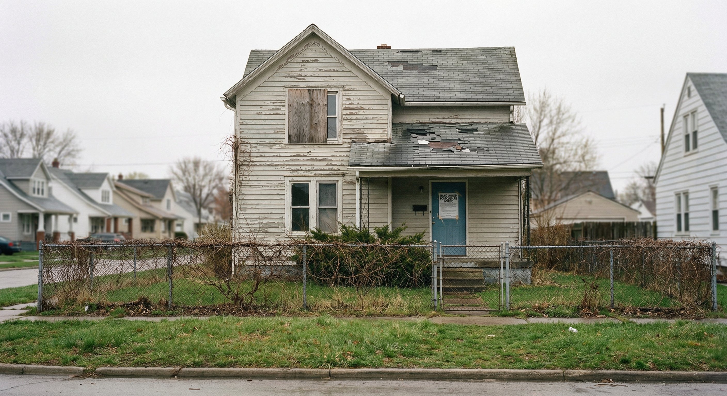 Two-story bank-owned foreclosure property in a suburban neighborhood with chain-link fence, overgrown yard, roof damage, and boarded windows