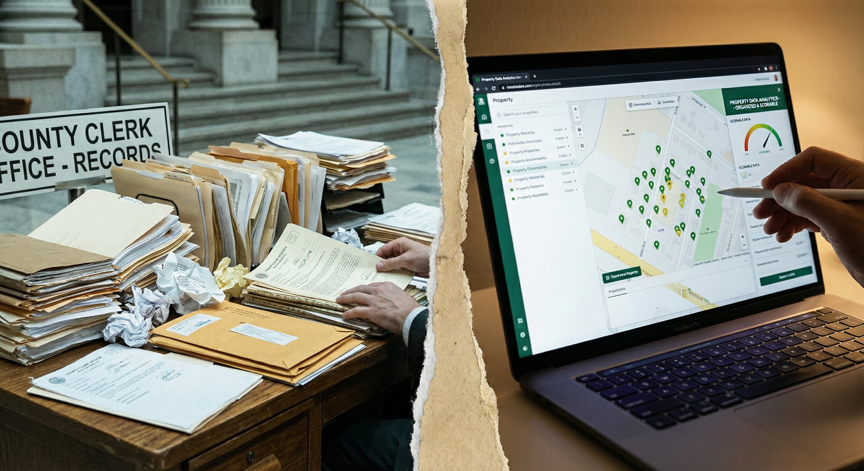 Split comparison of courthouse paperwork chaos versus a clean property map dashboard with signal pins