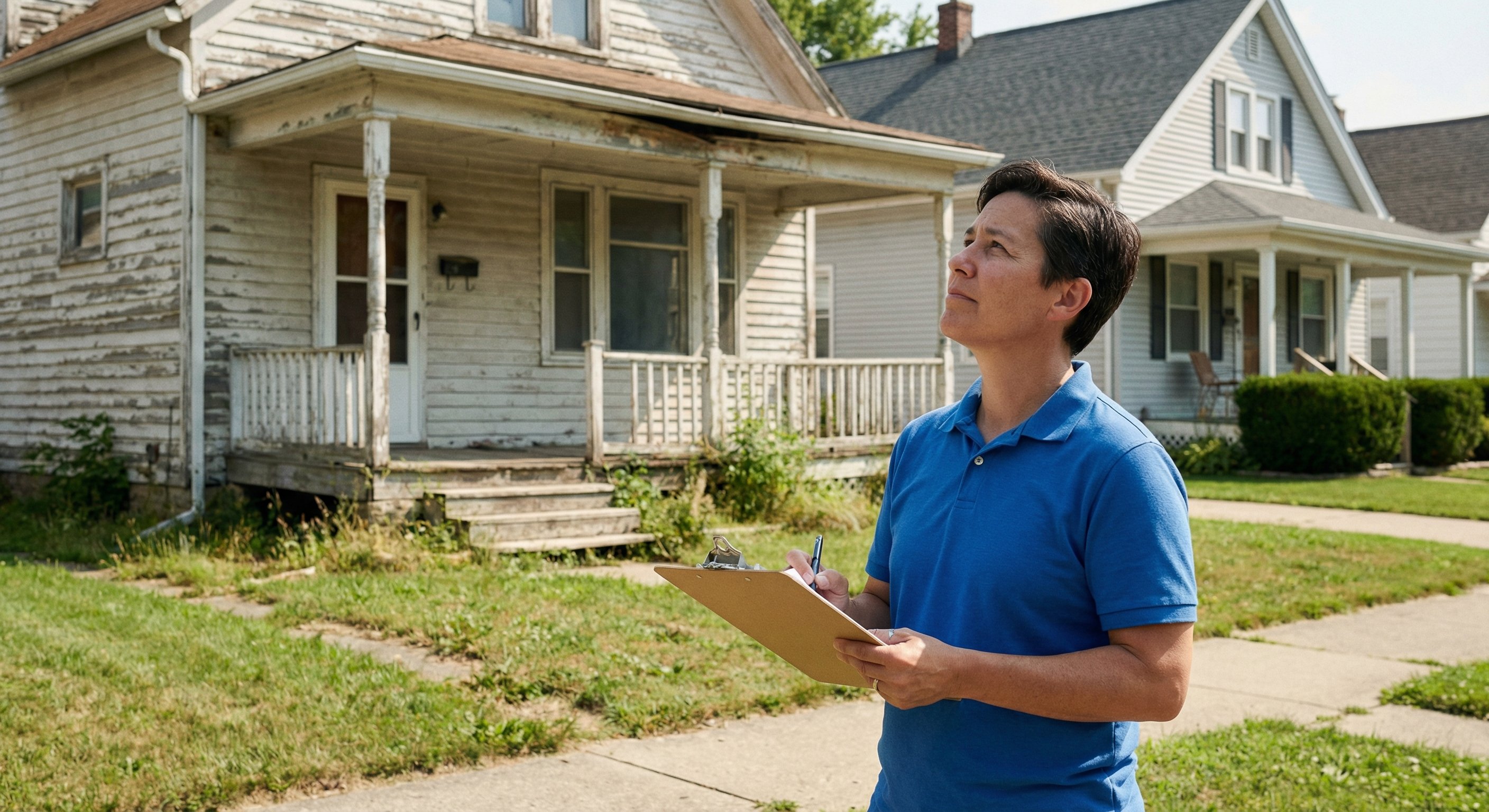 Real estate investor reviewing notes while assessing a distressed property exterior on a suburban street