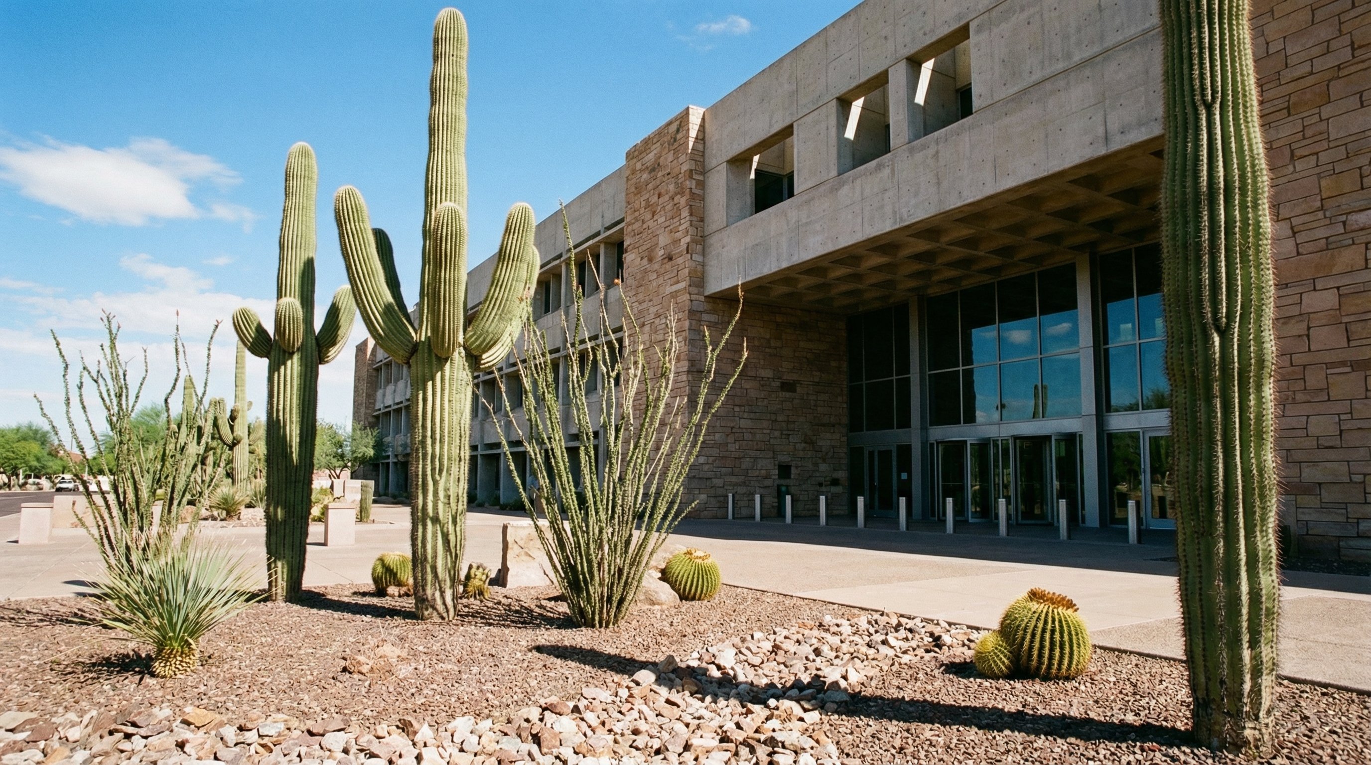 Phoenix courthouse surrounded by desert landscaping with saguaro cacti