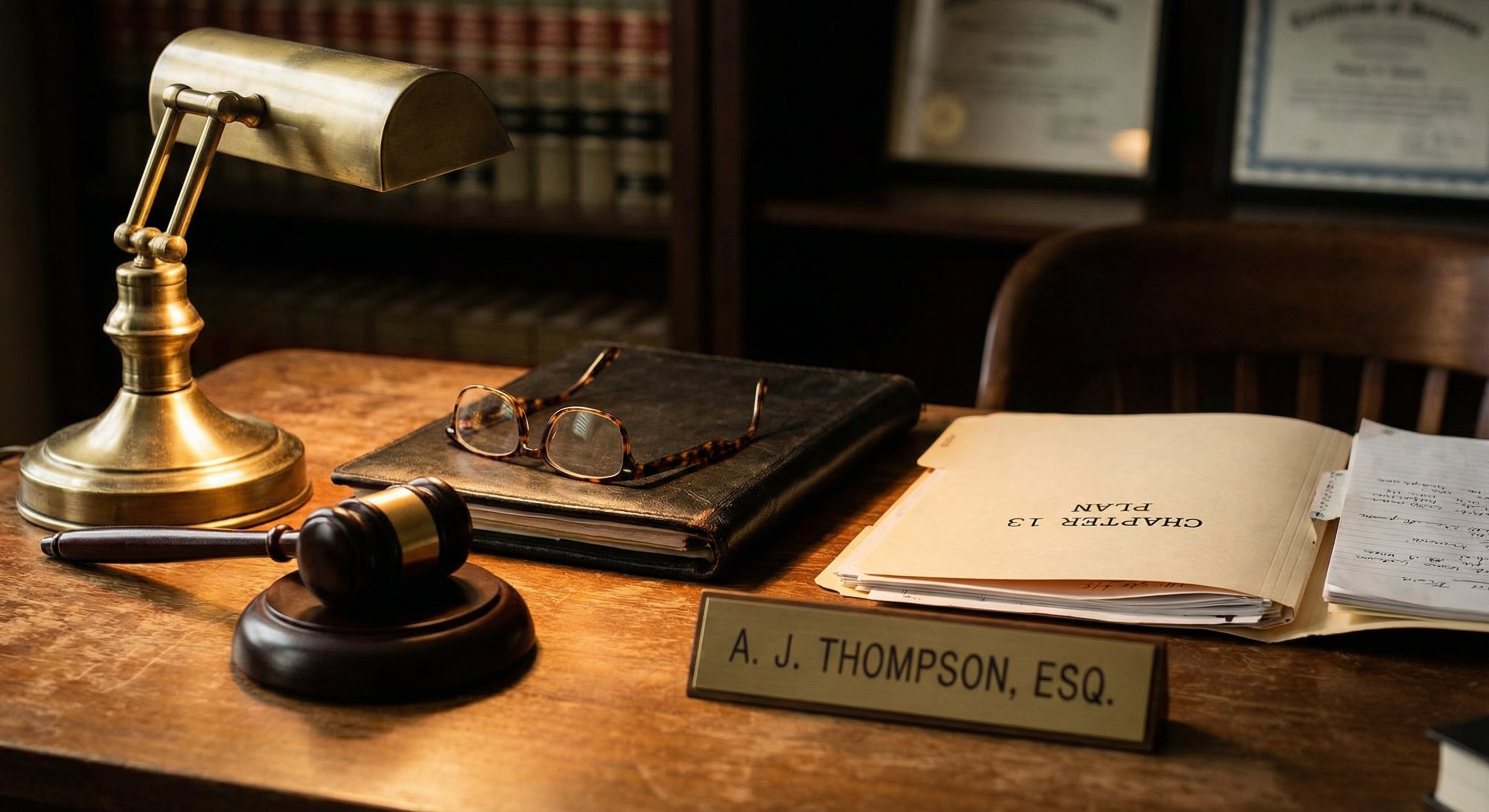 Attorney's desk with Chapter 13 plan folder, gavel, and legal portfolio