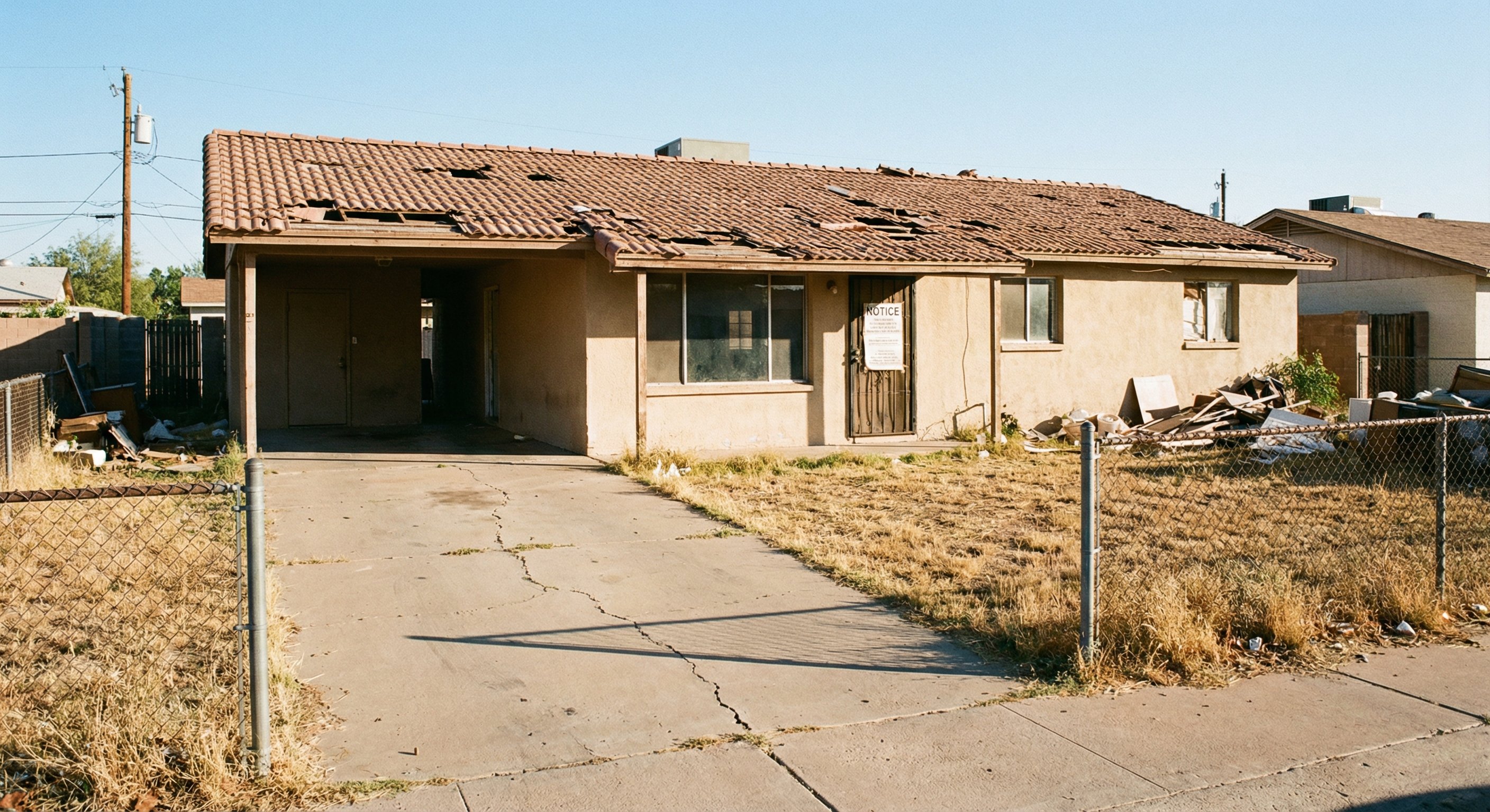 Single-story ranch home in Phoenix with dead grass, chain-link fence, and notice posted on door