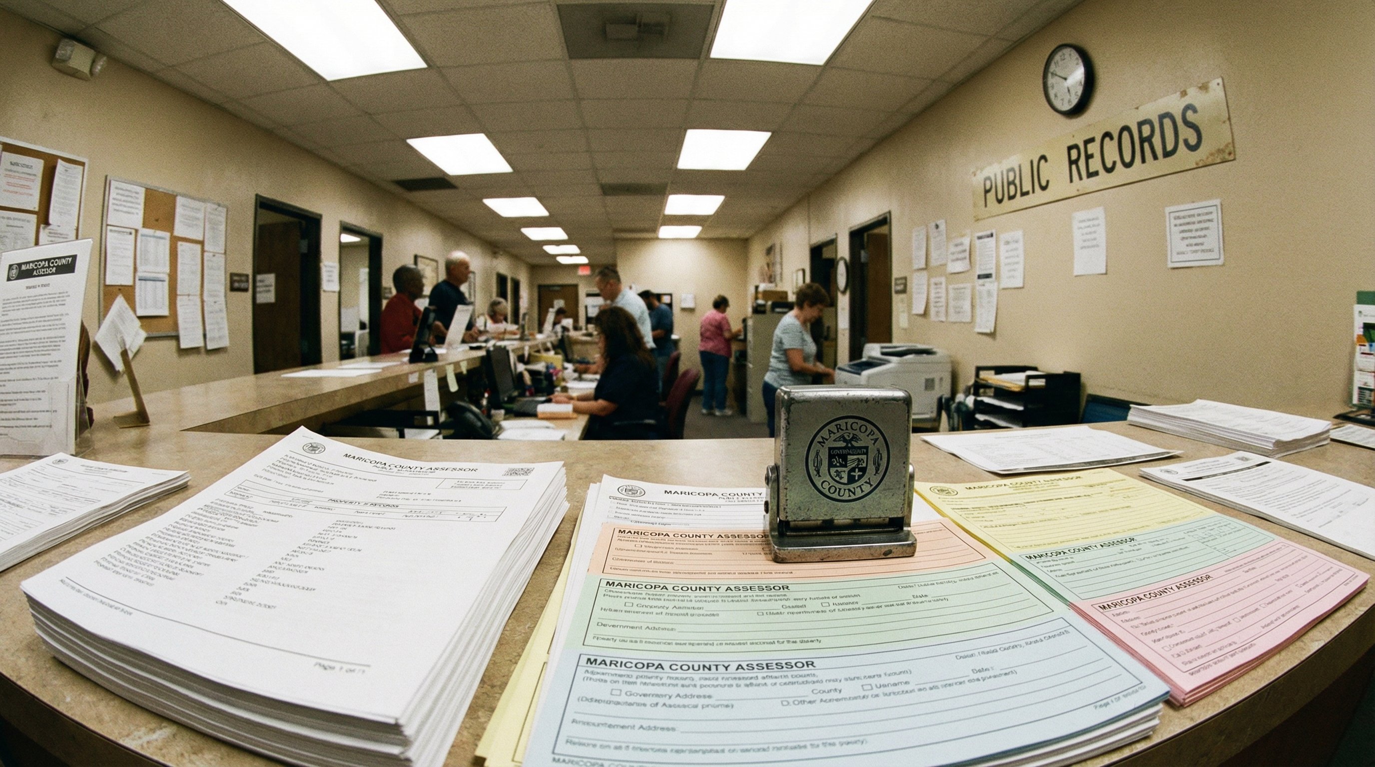 Maricopa County Assessor Office counter with public records and official government documents