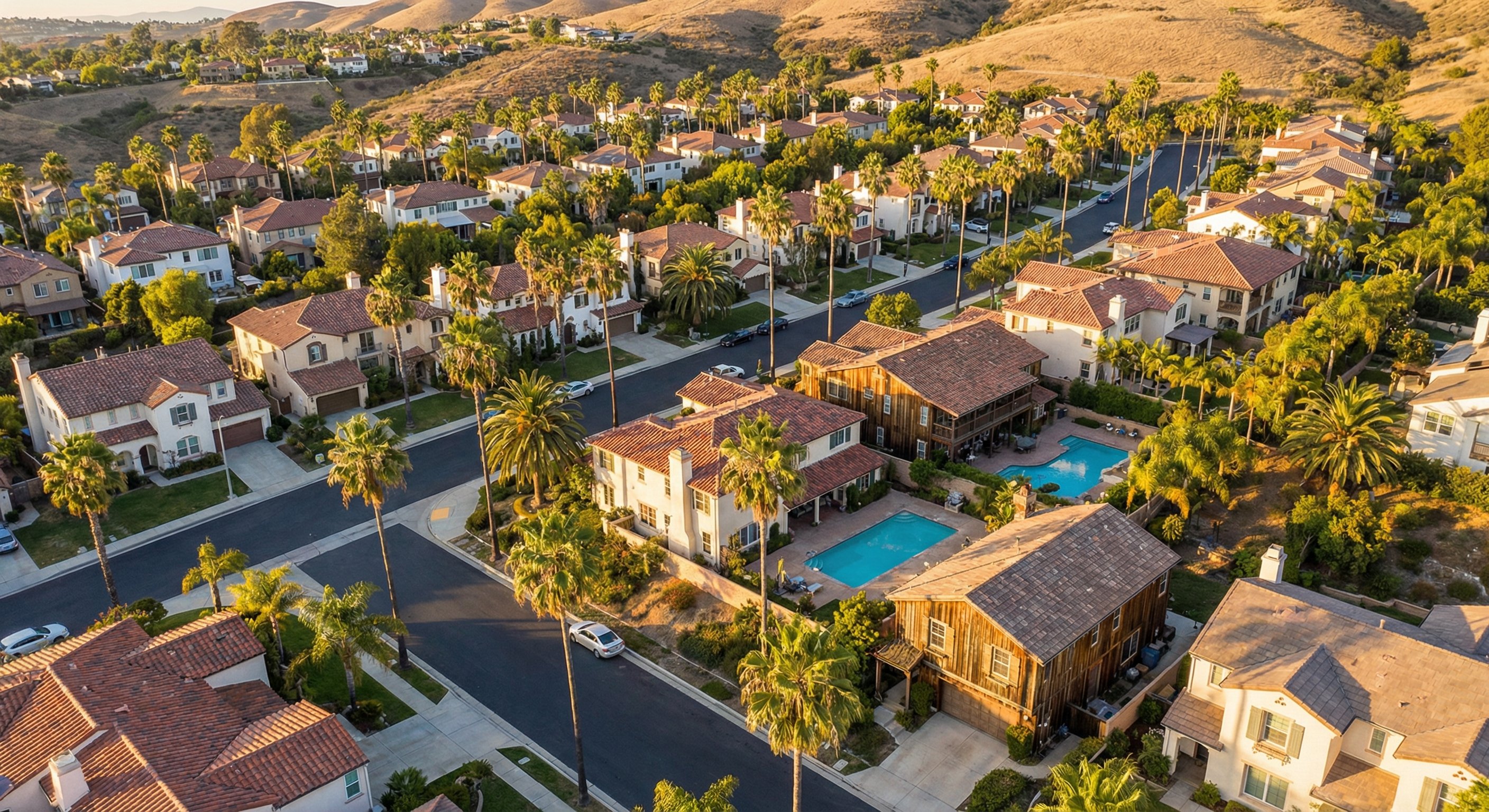 Aerial view of a dense California residential neighborhood with Spanish-style homes, palm trees, and varied lot sizes, shot at golden hour from low altitude with warm directional light, DJI Mavic 3, wide-angle lens, real estate aerial photography