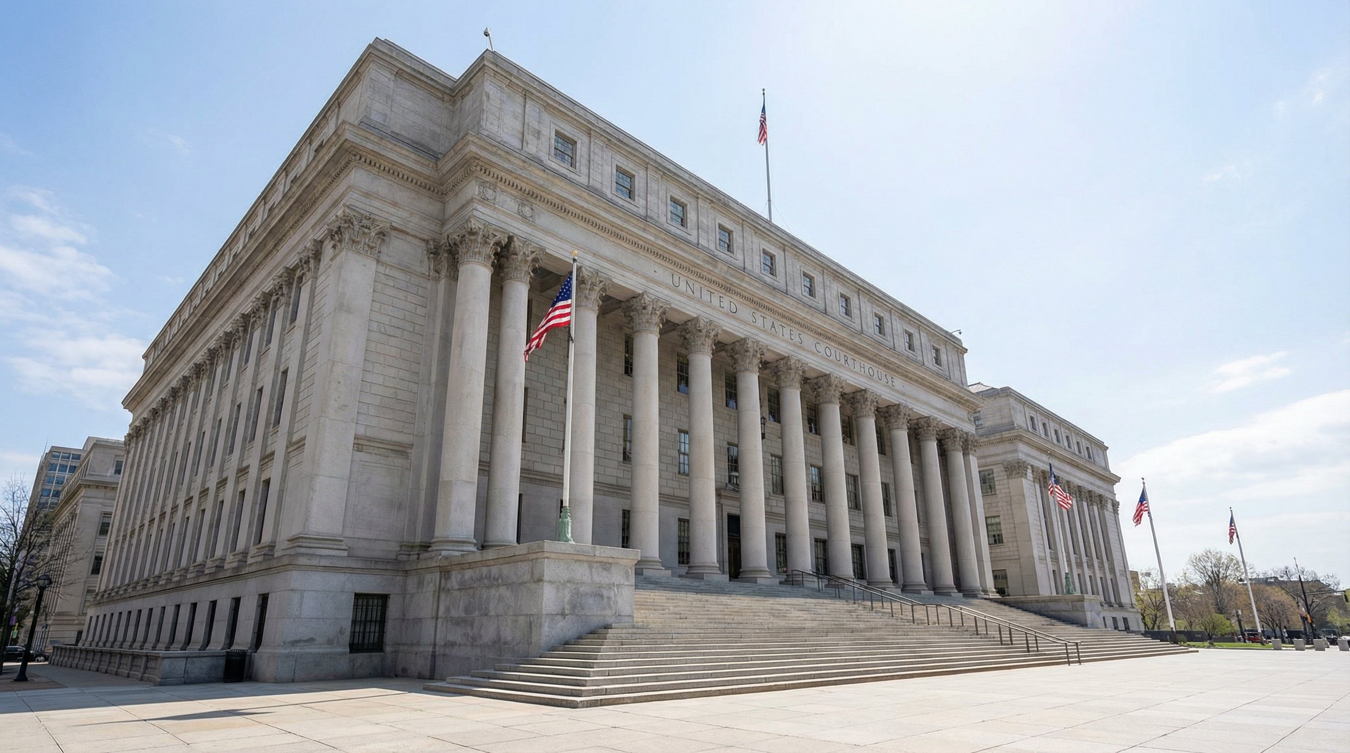 Photorealistic photograph of the exterior of a federal United States Courthouse building, pale limestone facade with classical columns, the words United States Courthouse carved in stone above the entrance steps, clear daytime light, slight blue sky in the background, shot on Canon EOS R5 with 24mm wide-angle lens, deep depth of field, American government architecture documentary photography