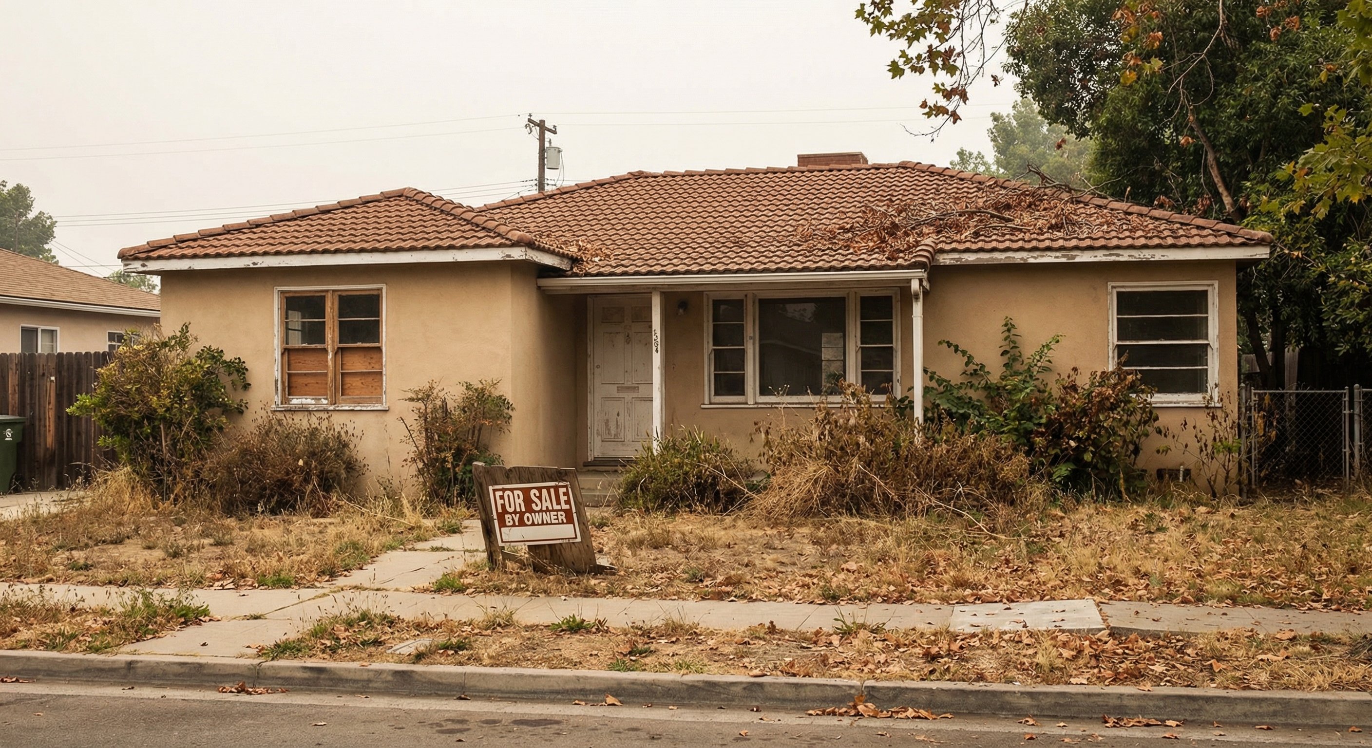 A photorealistic street-level photograph of a single-story California ranch home with tan stucco exterior, clay tile roof partially covered in debris, an overgrown front yard with dead grass and unmaintained landscaping, a weathered For Sale sign on the lawn, and peeling exterior paint on the window trim, mid-afternoon natural light, slight haze, shot on Canon EOS R5 with 35mm lens, real estate documentary photography
