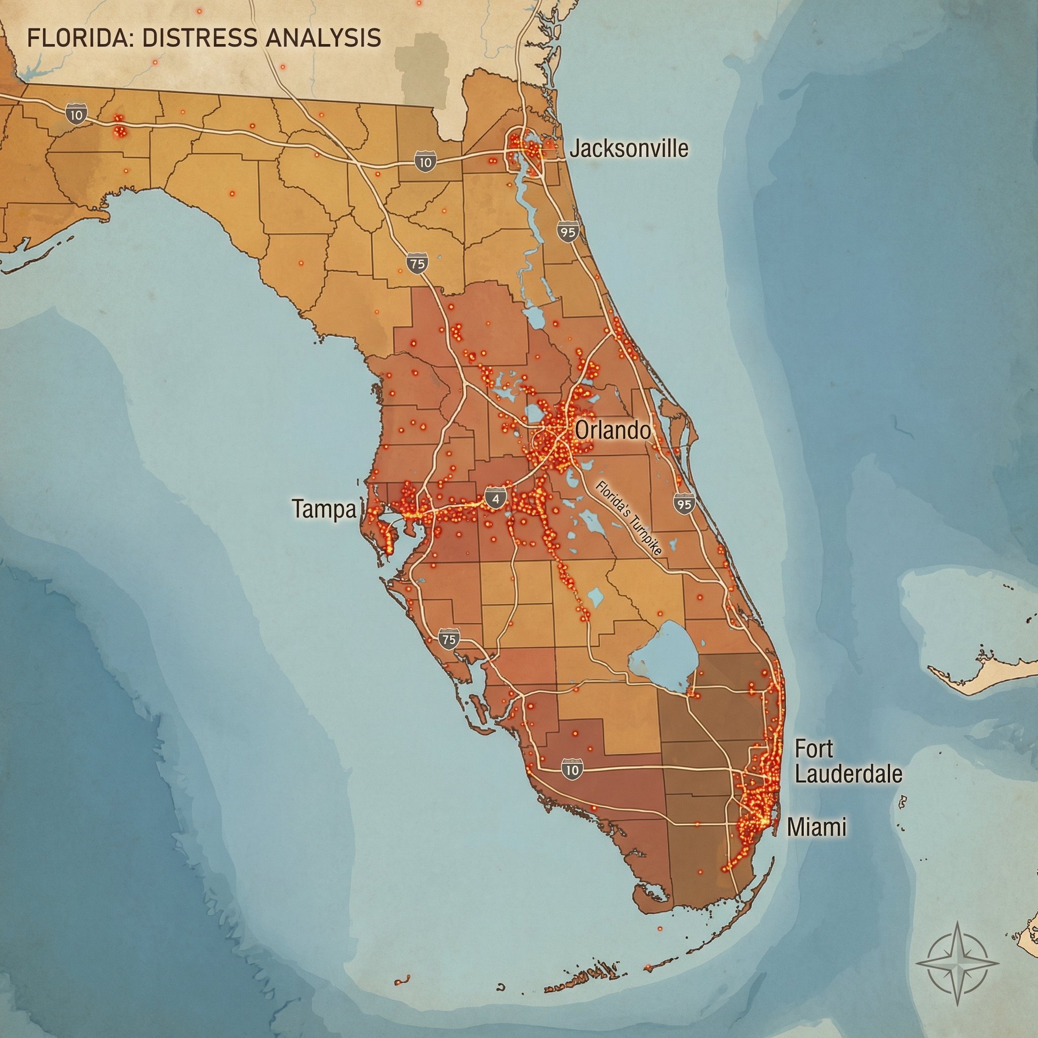 Florida state map with data overlay showing distress signal concentration across the Florida peninsula
