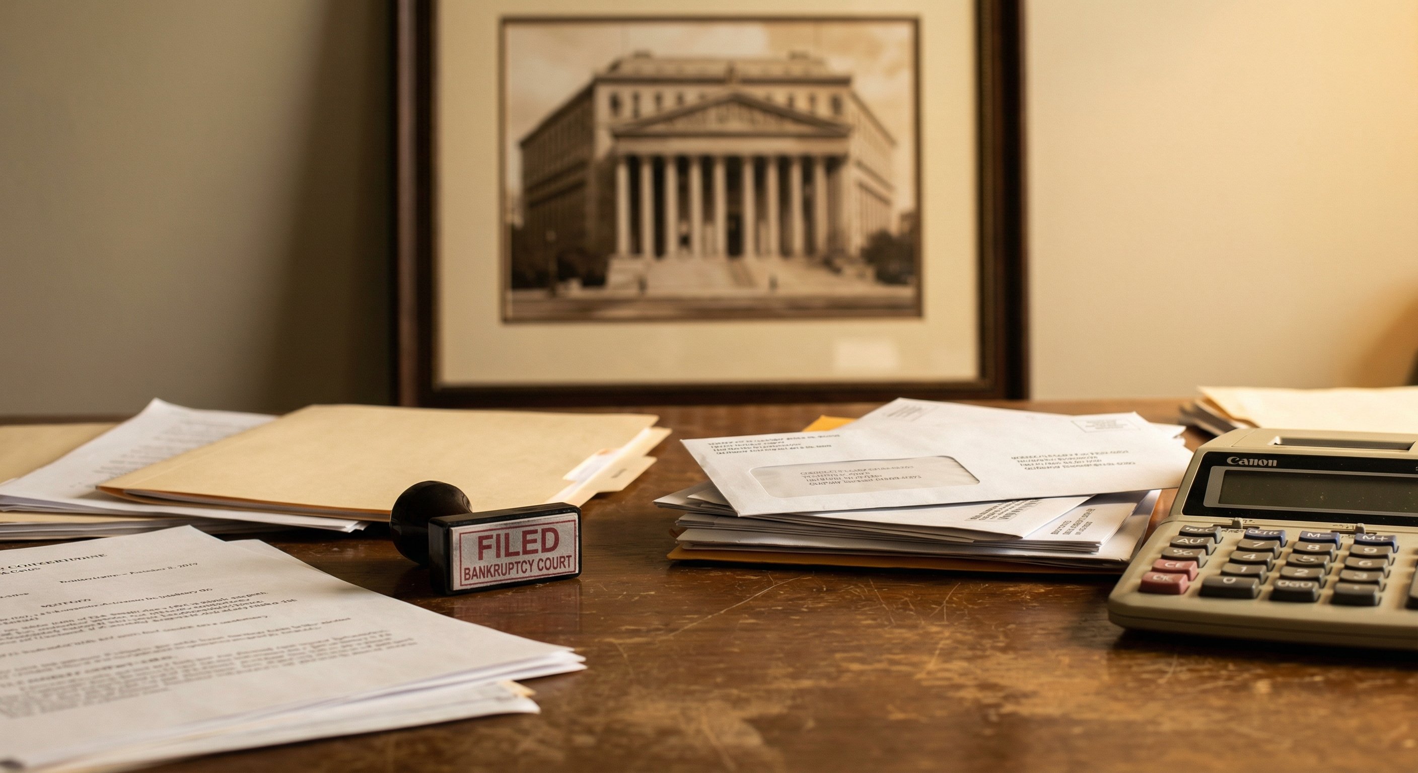Bankruptcy court filing documents showing Chapter 13 repayment plan and court notices on a wooden desk