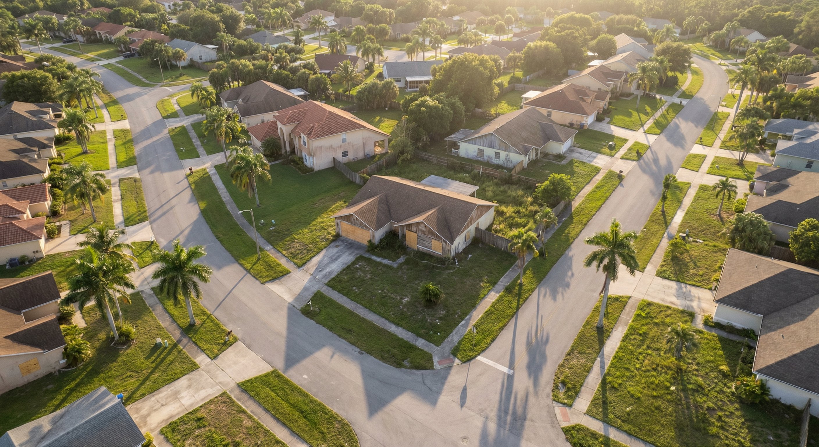 Aerial view of a Florida neighborhood showing varied property conditions, overgrown lots, and well-maintained homes