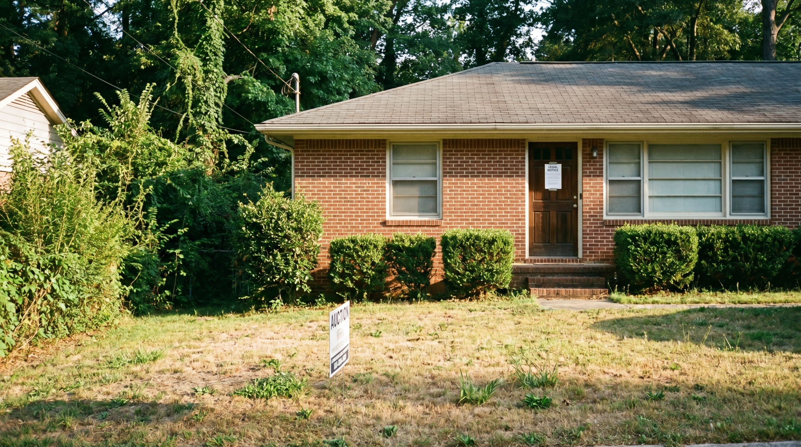 Typical Atlanta suburban home with early signs of financial distress, official notice visible on front door, overgrown lawn
