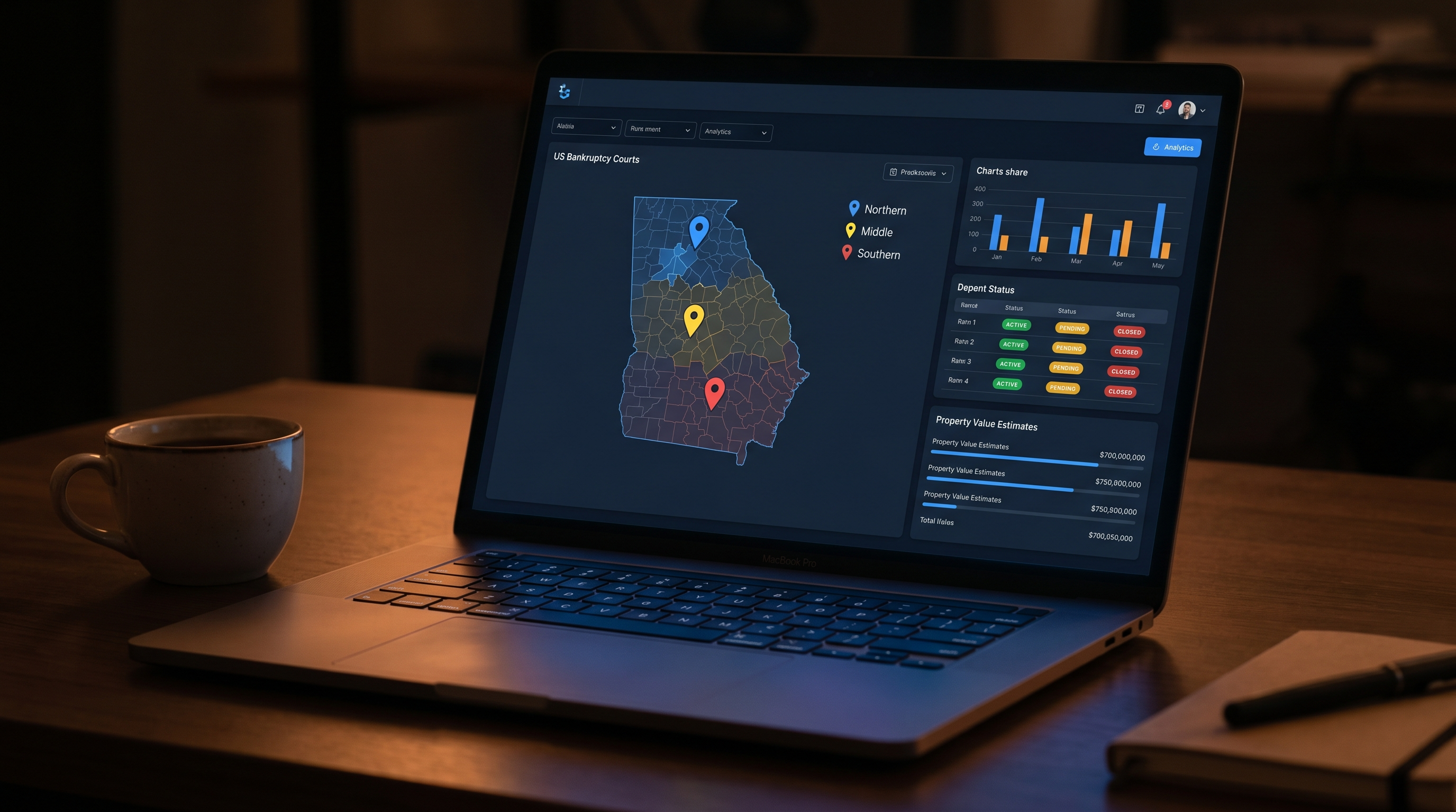 Dark-themed analytics dashboard showing Georgia bankruptcy case filings across three court districts with map pins and motivation scores