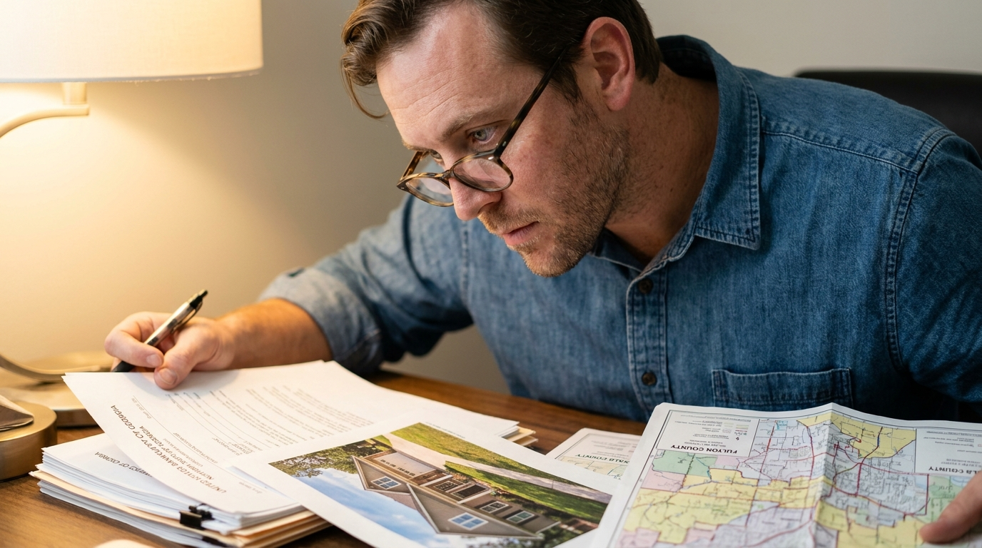 Real estate investor reviewing bankruptcy court documents at a home office desk, Georgia county maps, warm lamp light, focused and productive