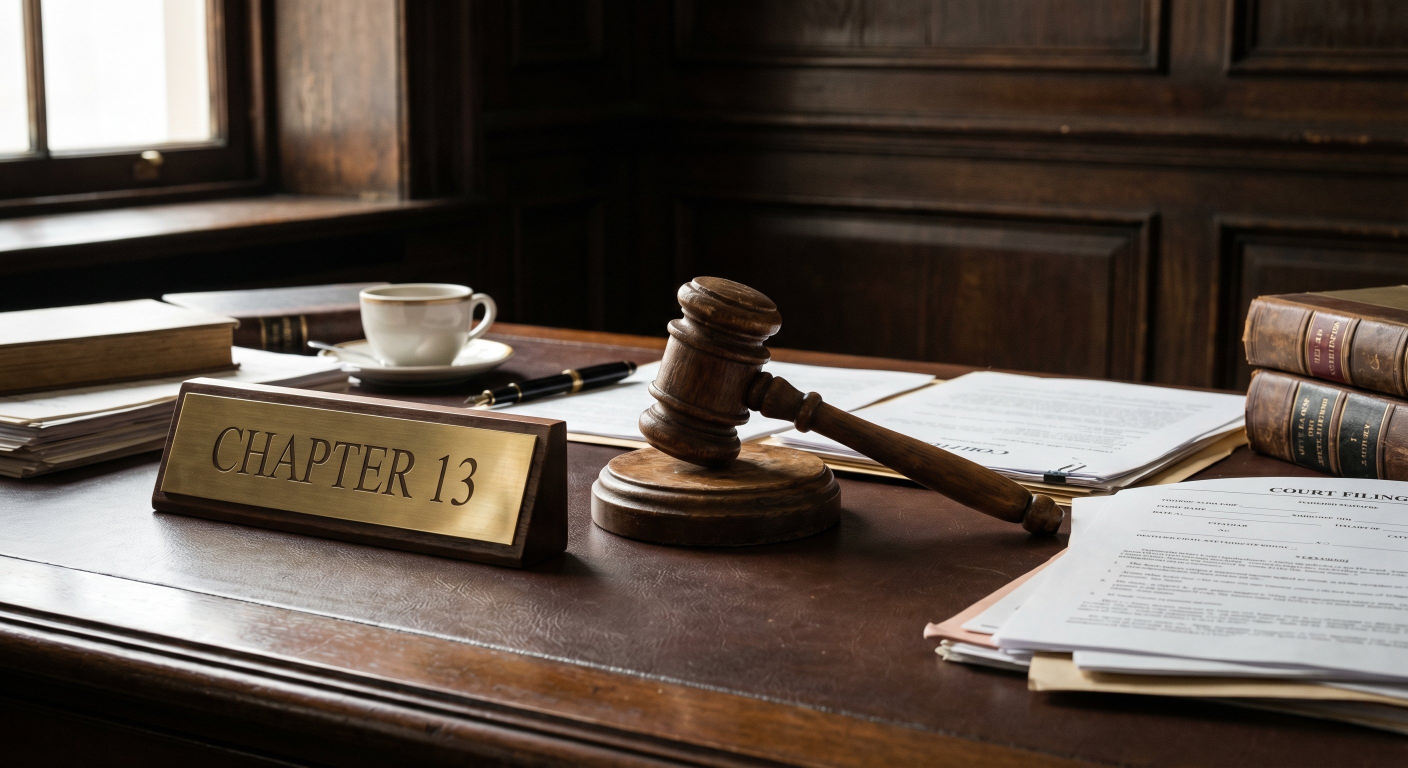 Chapter 13 legal documents and gavel on a desk, representing the bankruptcy court process