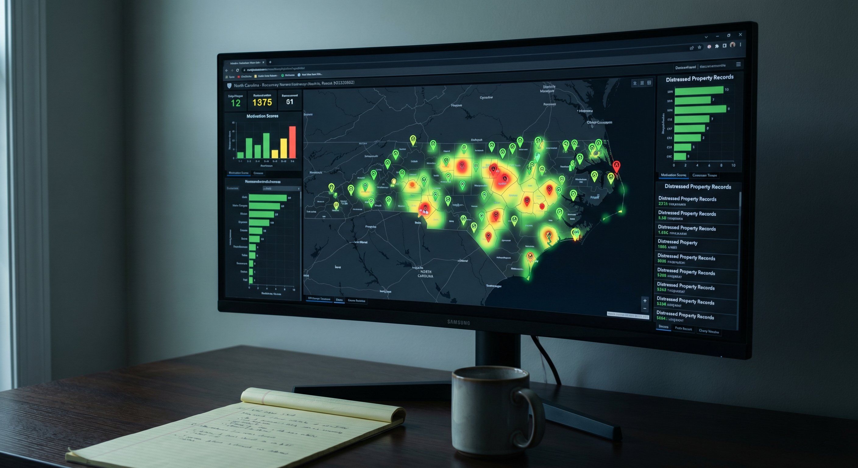 North Carolina distressed property dashboard showing county-level signal data and motivation scores