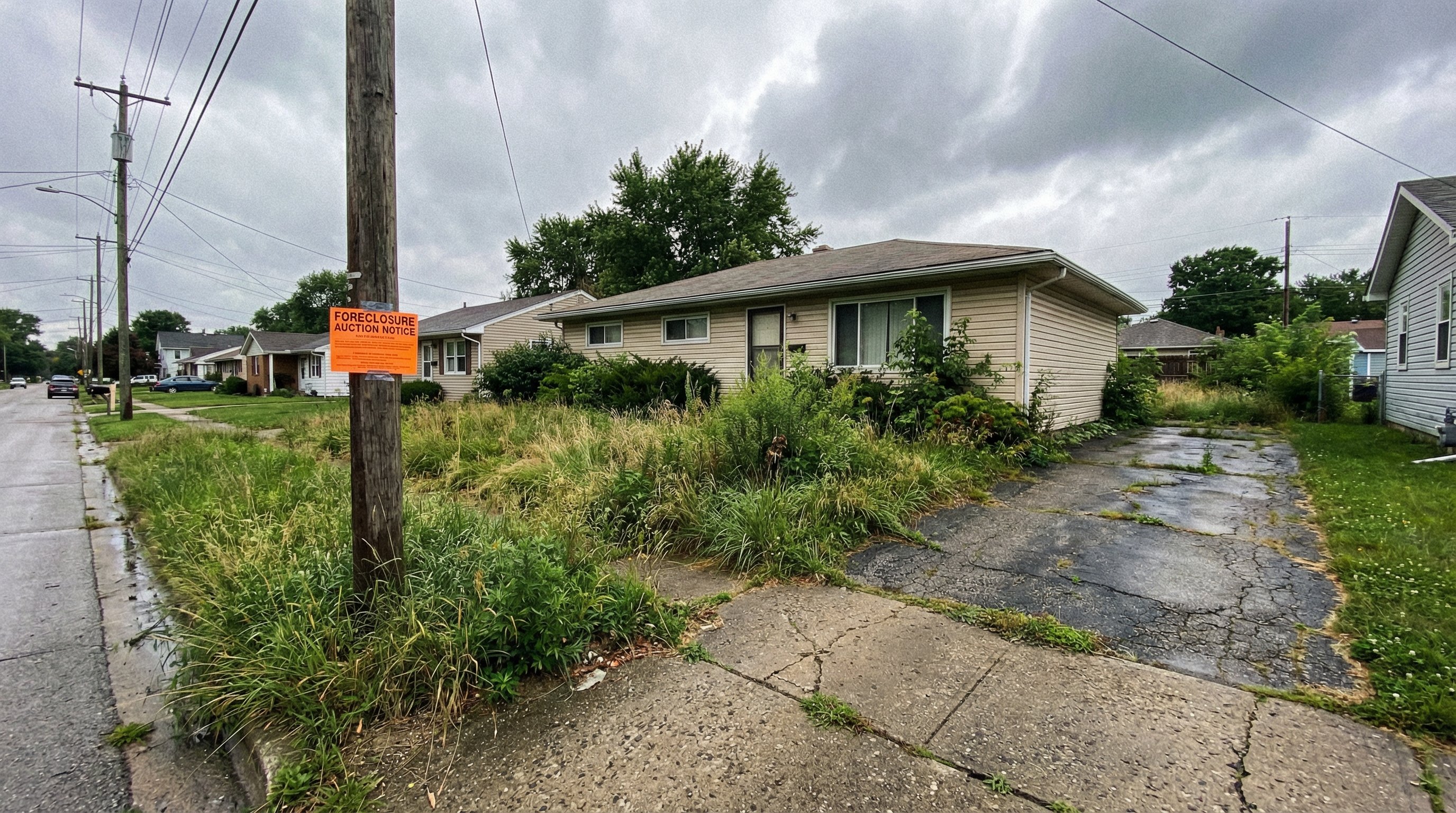 Ohio ranch home with foreclosure notice on overgrown property, distressed rural residential exterior