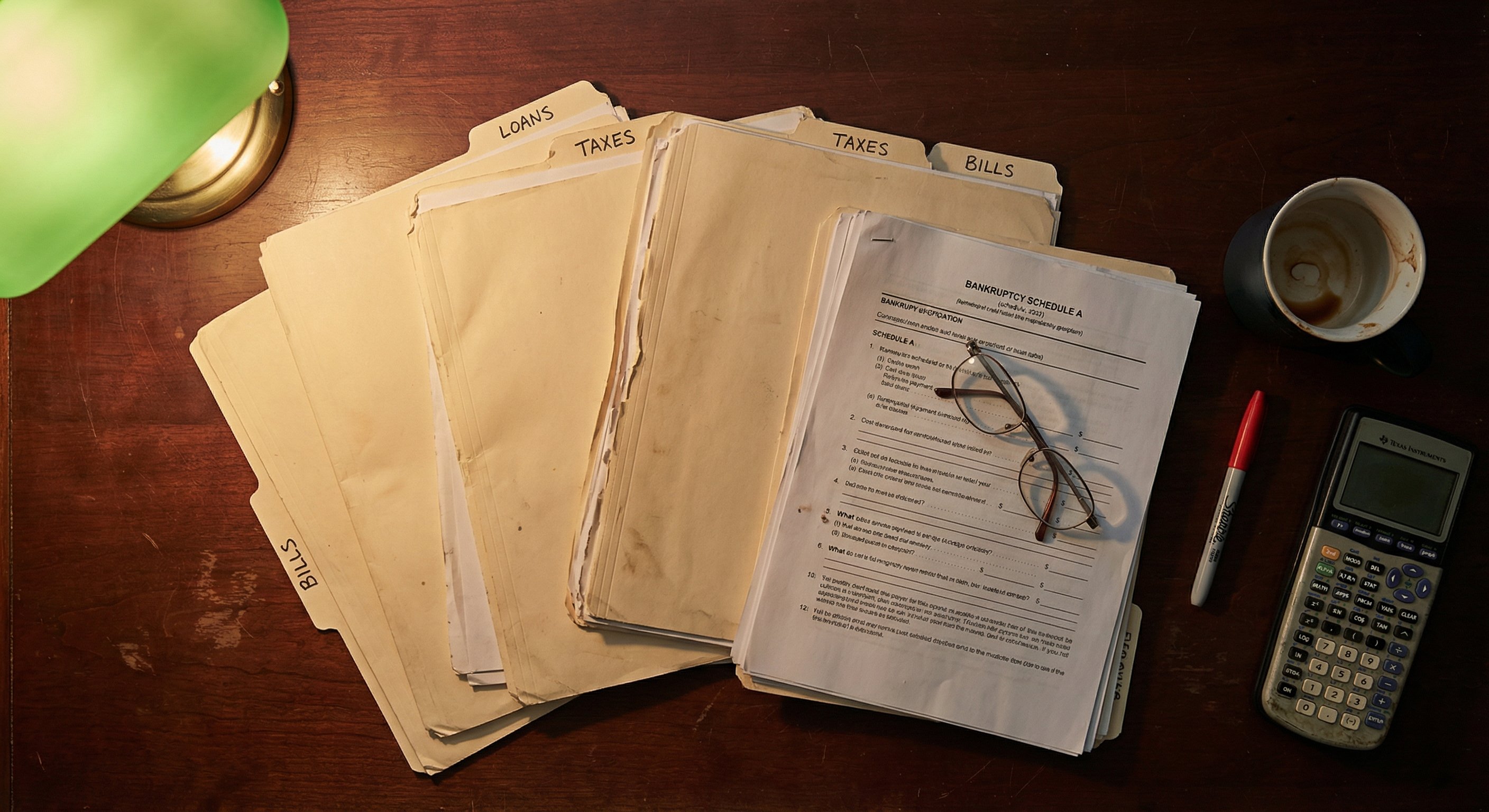 Stacked manila folders with typed labels for property tax, bankruptcy schedules, court filings, sheriff sales on a worn desk