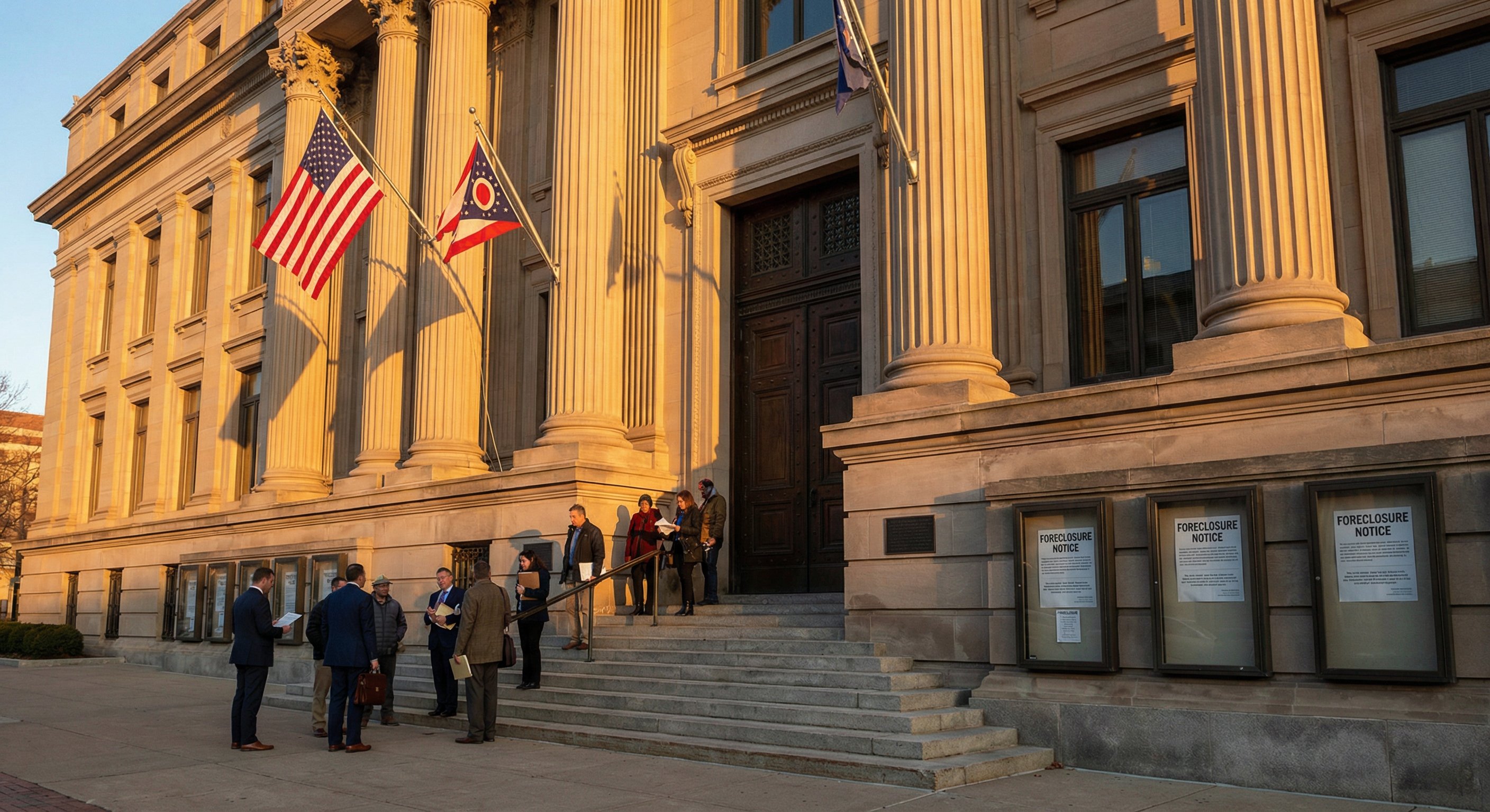 Ohio county courthouse exterior at golden hour, wide stone steps, government columns