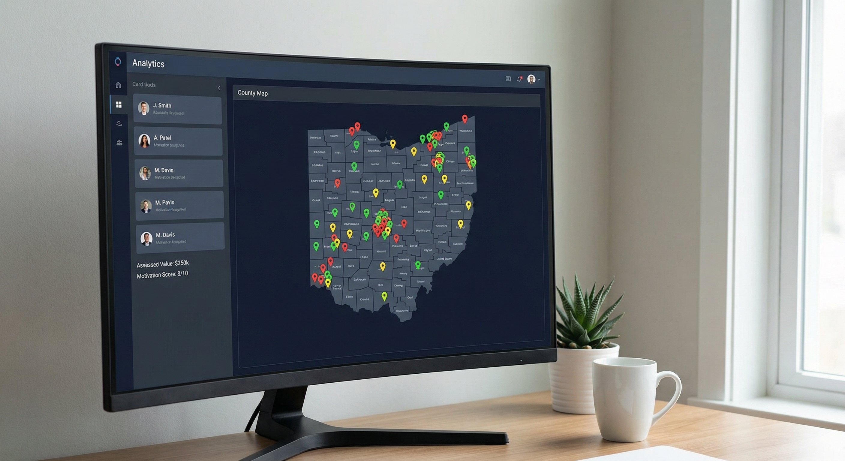 Modern property analytics dashboard on a monitor, Ohio county map with colored distress signal pins, motivation scores visible