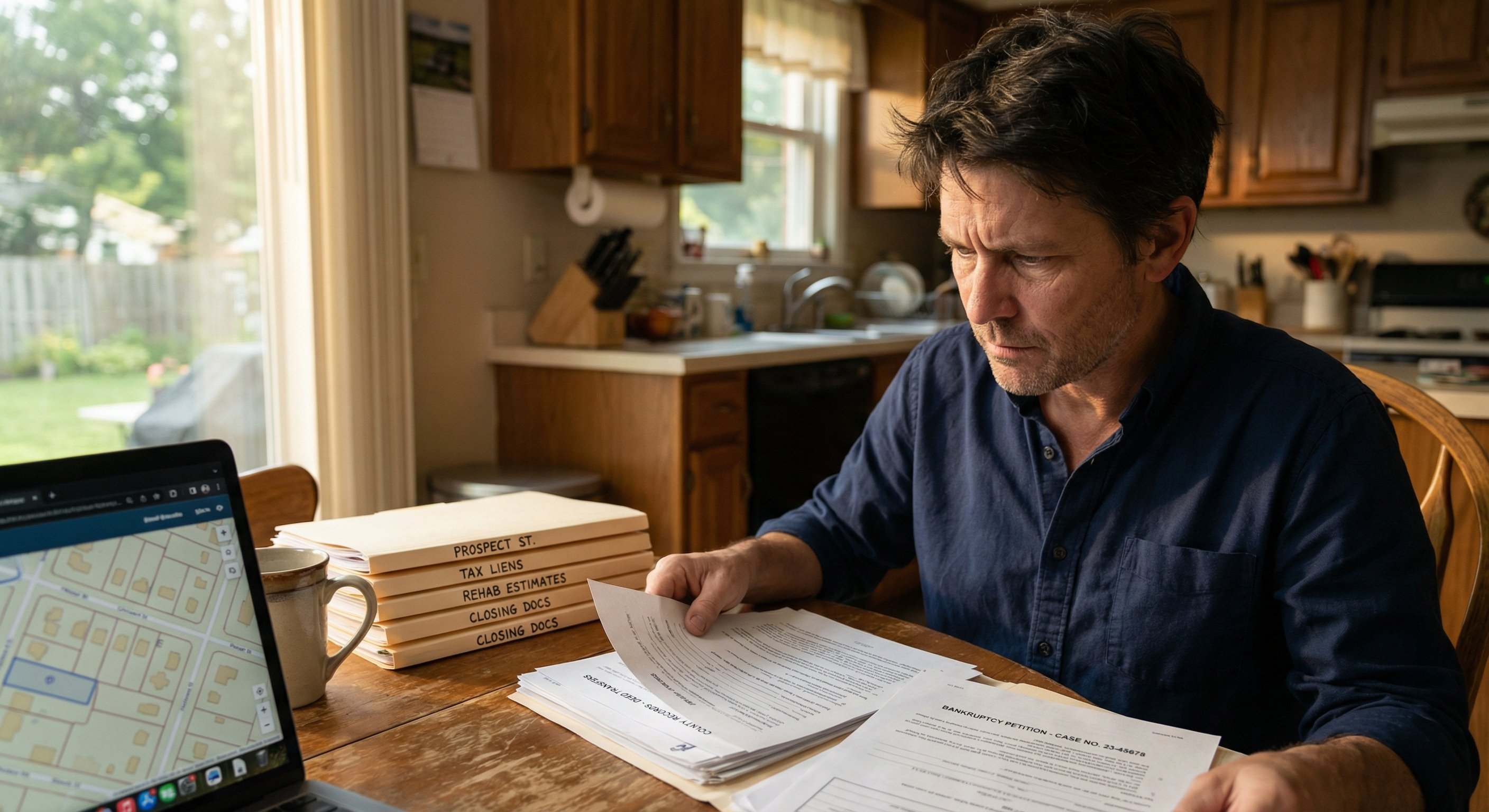 Real estate investor at a kitchen table reviewing bankruptcy documents, property folders, and county records on a laptop