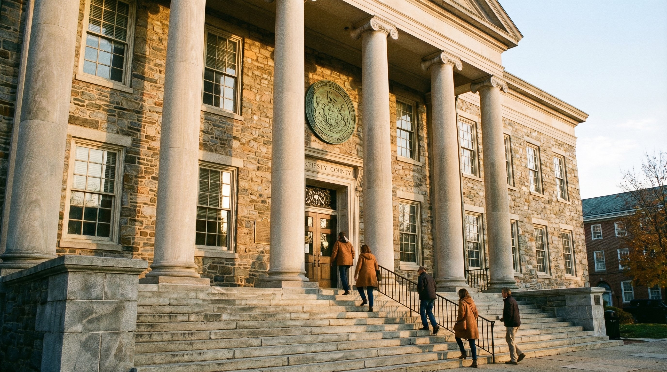 Pennsylvania bankruptcy court building with classical stone facade and columns