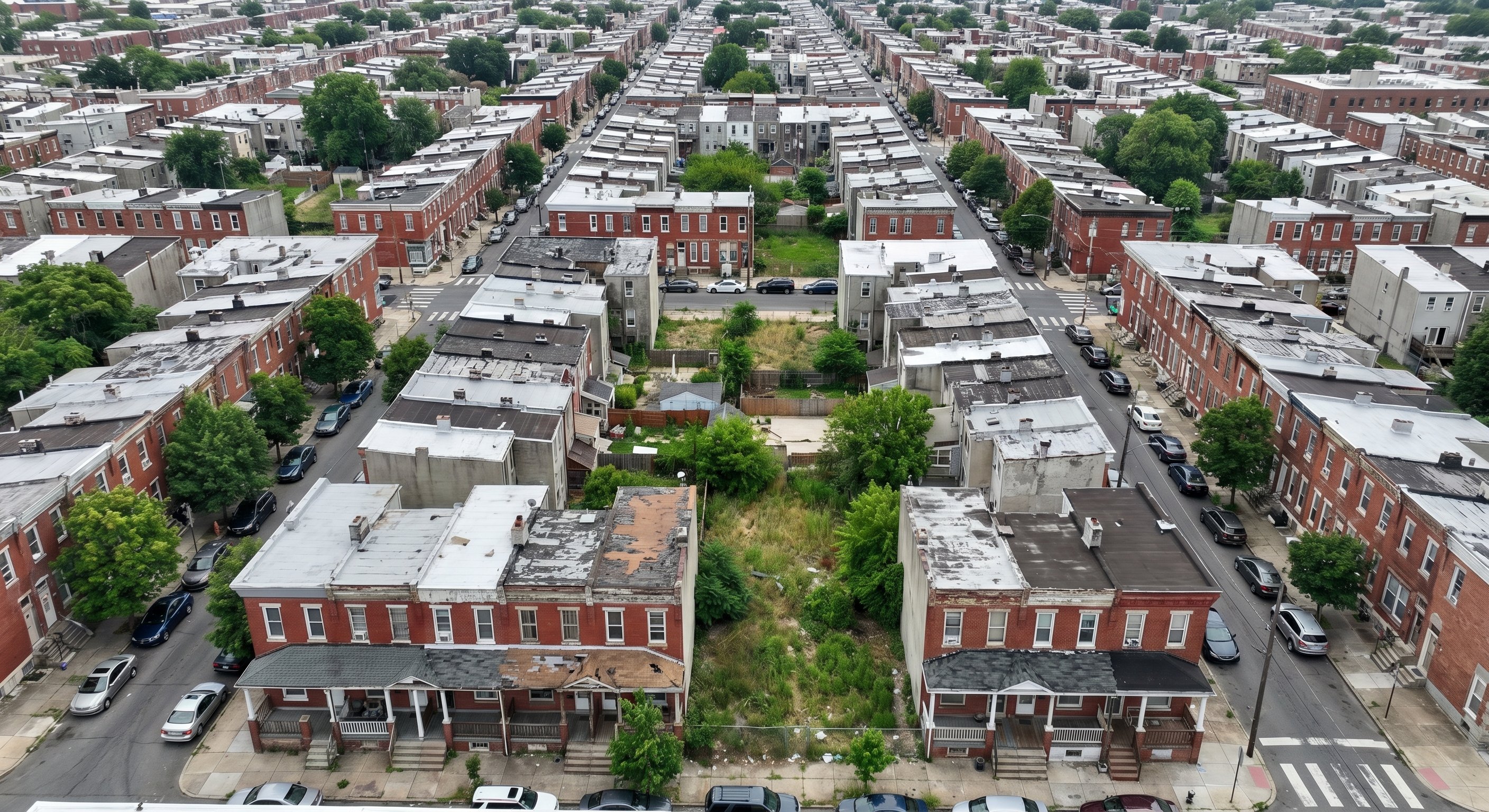 Aerial drone photograph of a Philadelphia neighborhood showing brick row houses, neglect, and urban density