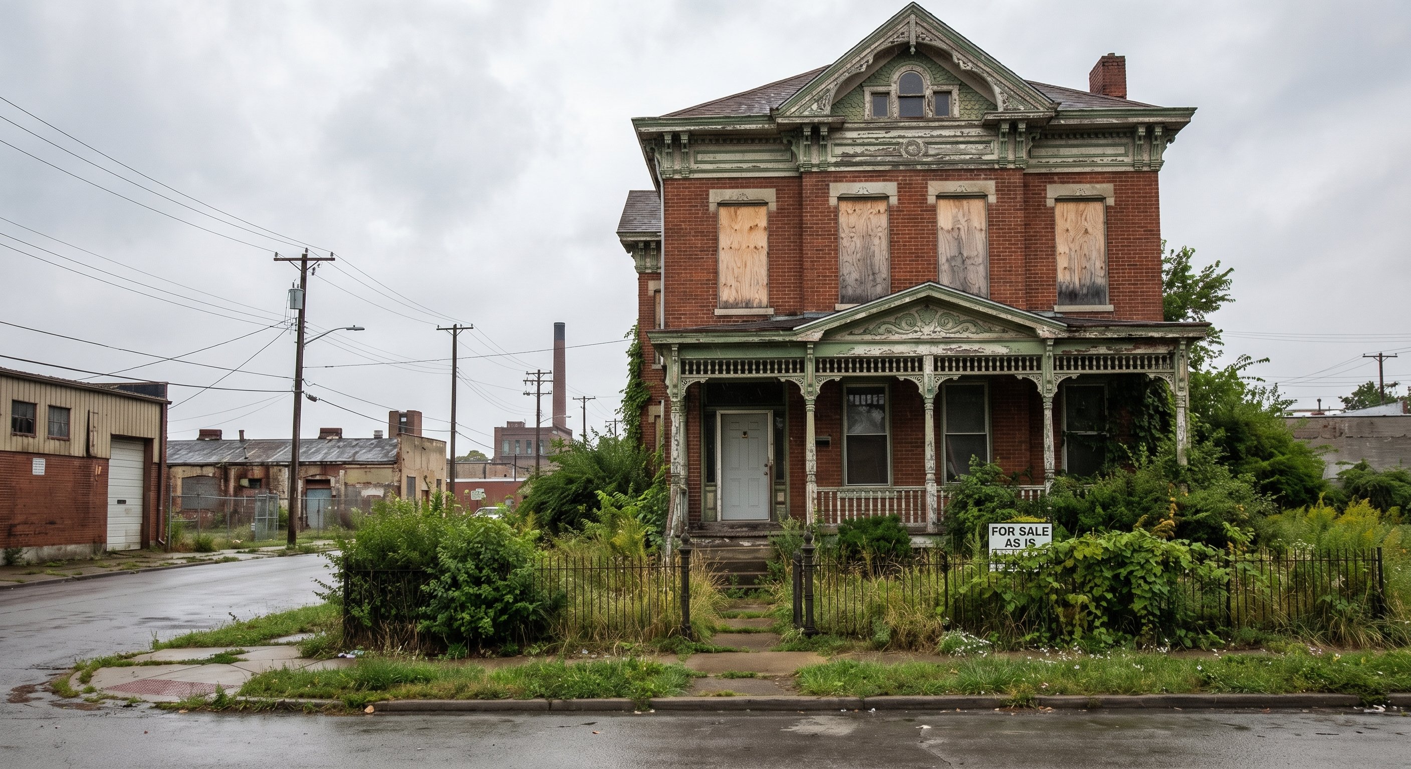 A brick Victorian home with peeling paint, boarded windows, and an overgrown yard in a Pennsylvania industrial city neighborhood