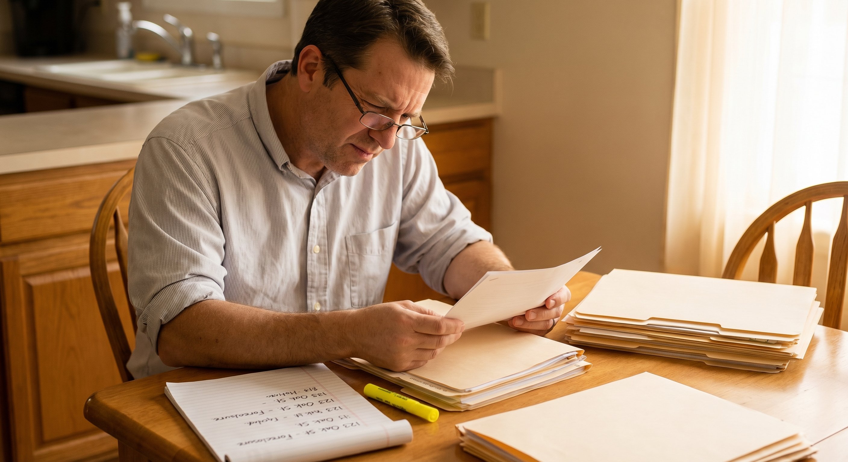 A real estate investor reviewing bankruptcy court documents at a kitchen table with manila folders and a highlighter