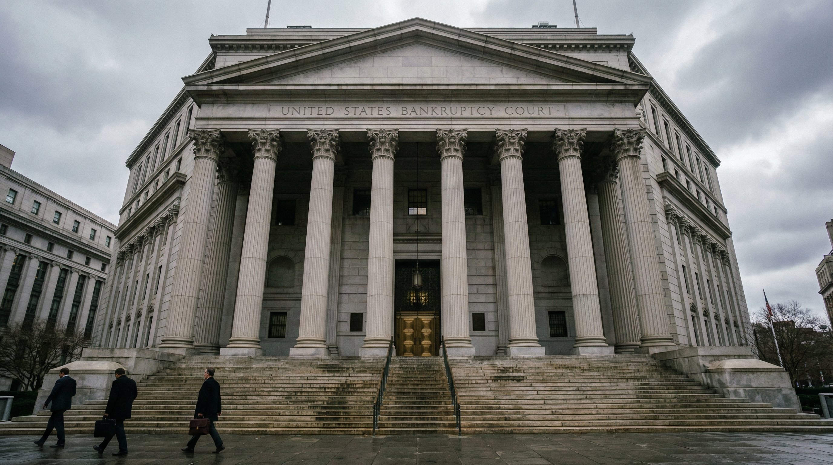 United States Bankruptcy Court classical courthouse with columns and government signage on gray sky