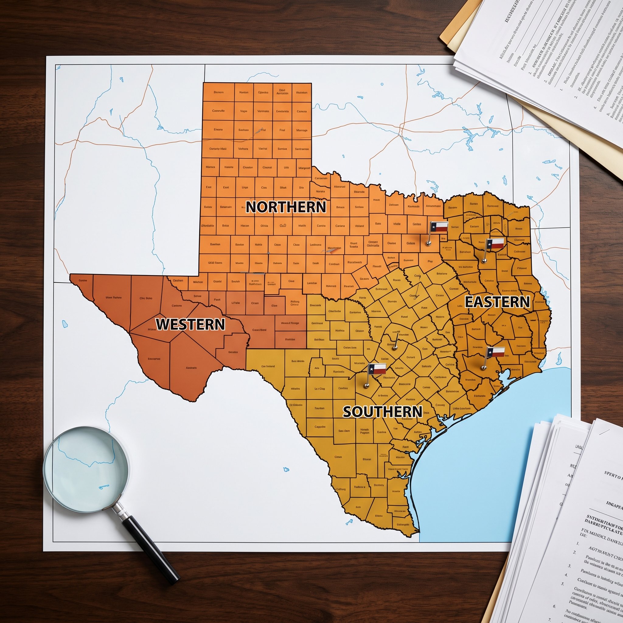 Map of Texas showing four federal bankruptcy court districts with highlighted regions