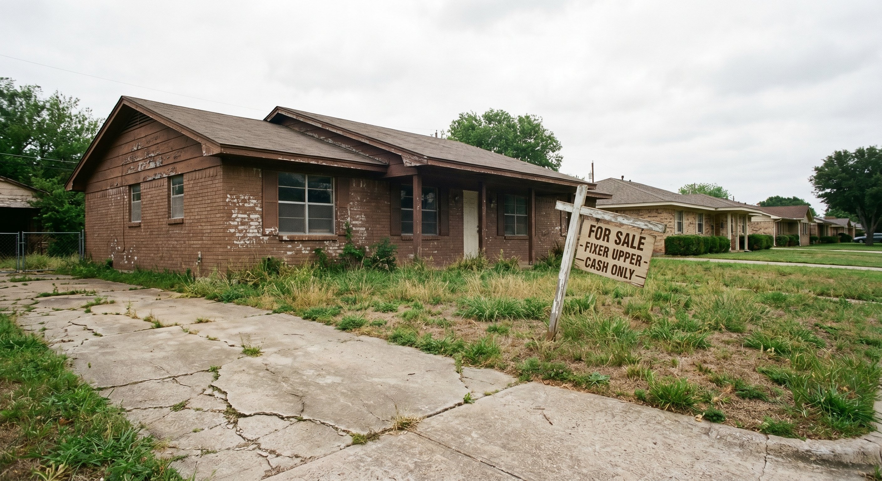 Distressed Texas brick ranch investment property with overgrown lawn and faded for sale sign