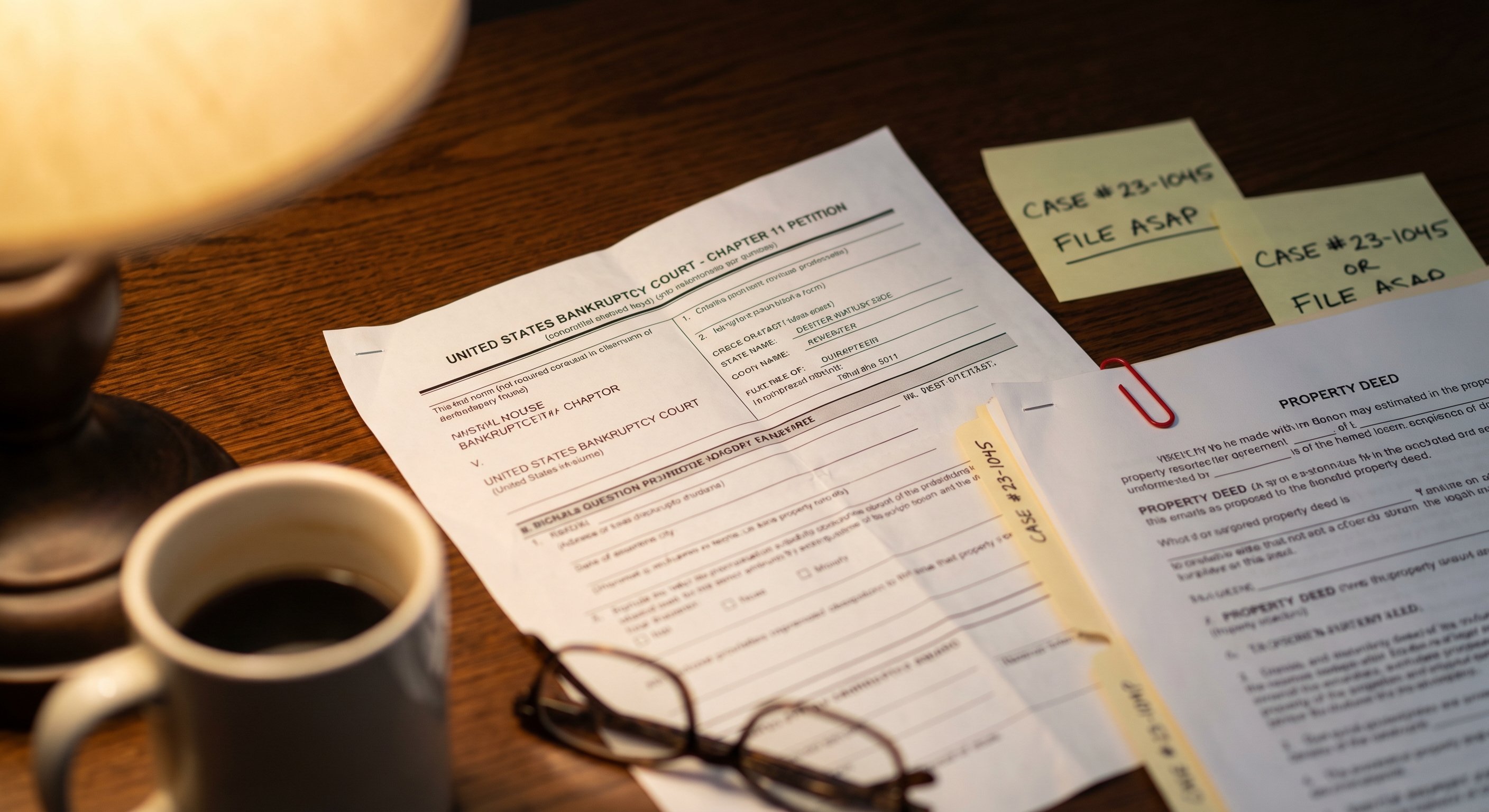 Bankruptcy filing documents and property deed on desk with case notes