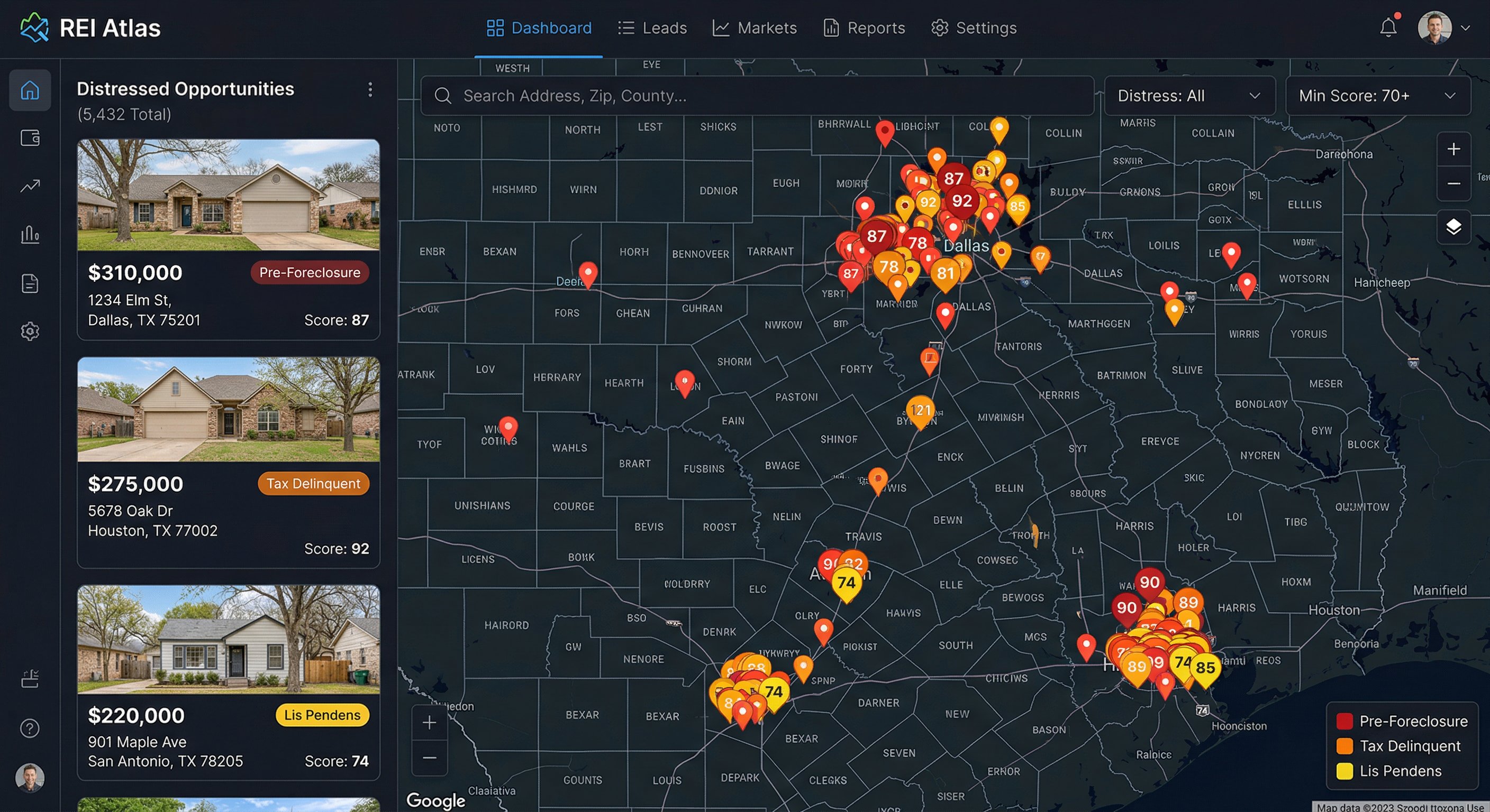 DistressIQ map view showing distressed properties