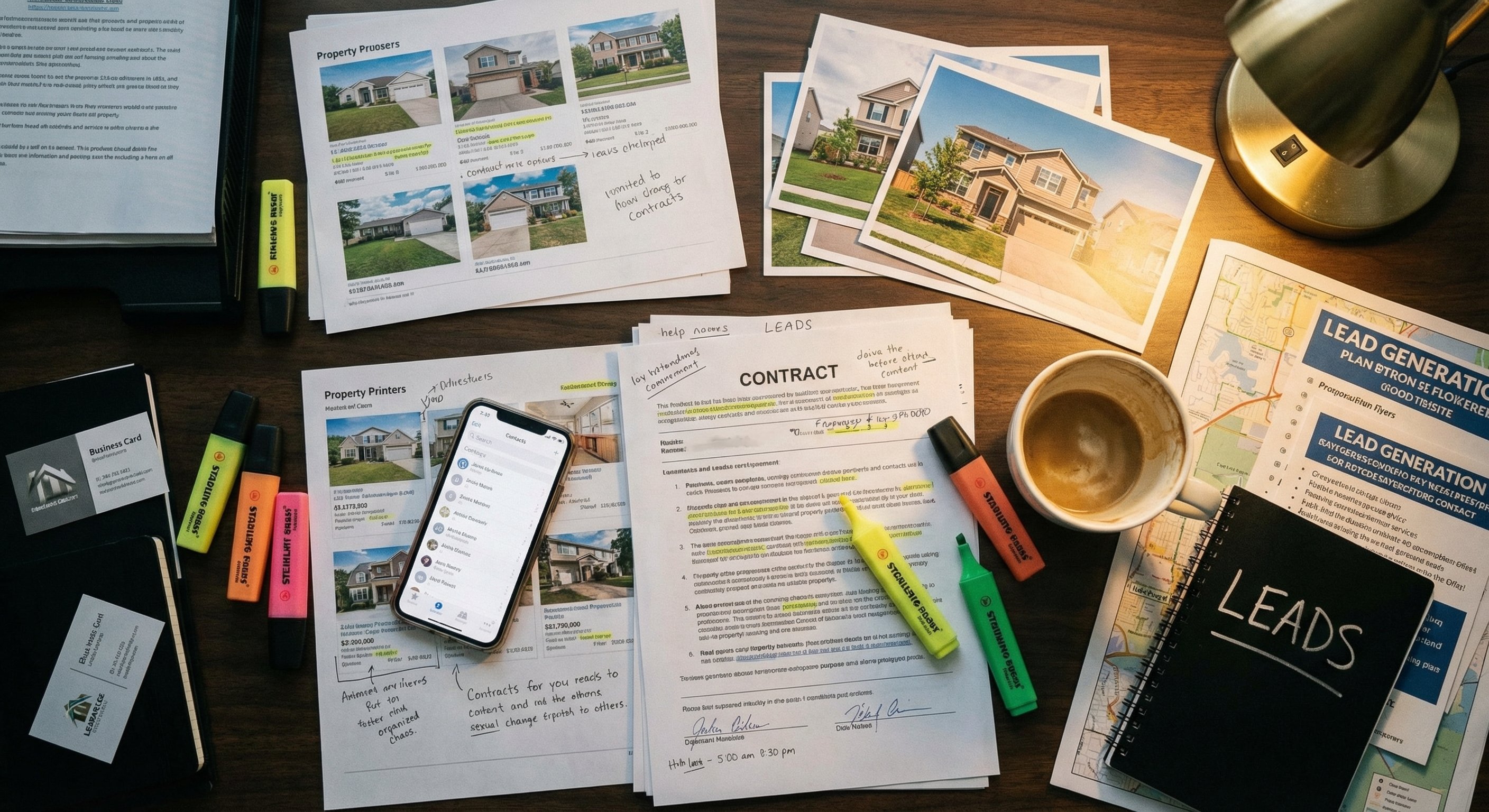 Real estate investor workspace with property printouts, phone, and lead materials