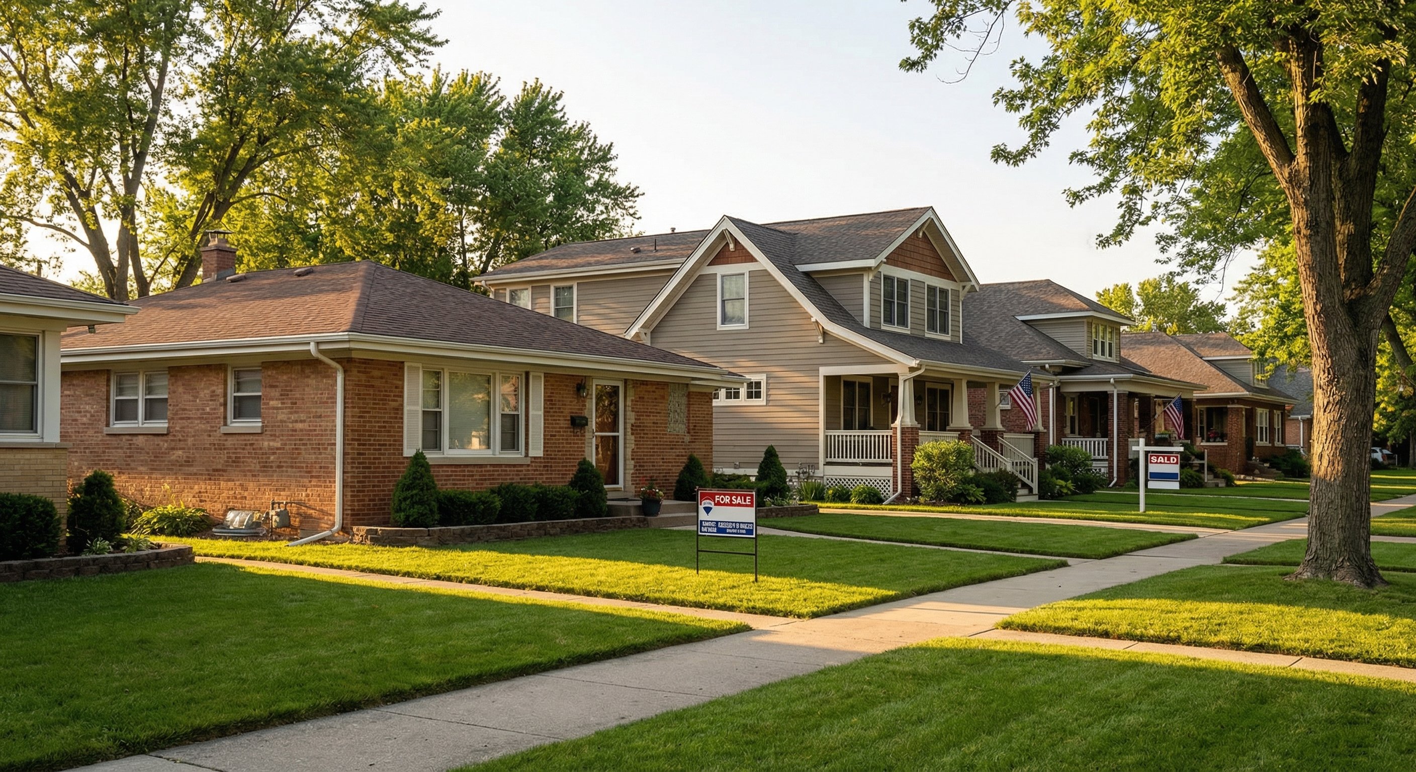 Suburban neighborhood street with brick ranch homes and mature trees