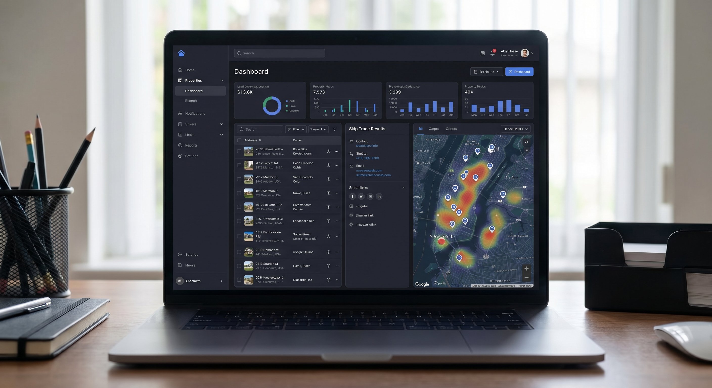 Close-up of a real estate lead generation dashboard on a laptop screen showing property lists, skip trace results, and a map overlay with dark themed SaaS interface