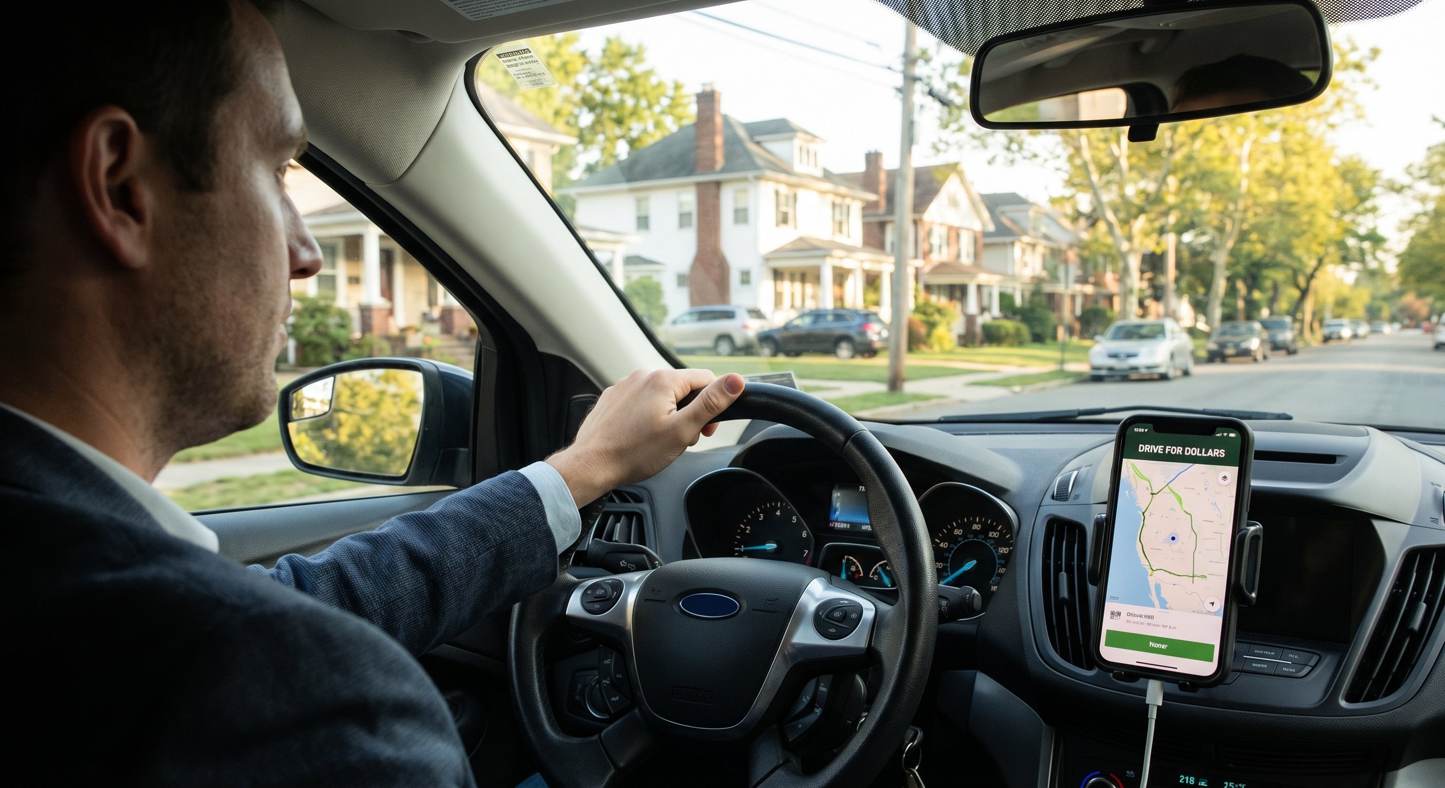 Real estate investor using a driving for dollars mobile app on a smartphone inside a car with a suburban neighborhood visible through the window