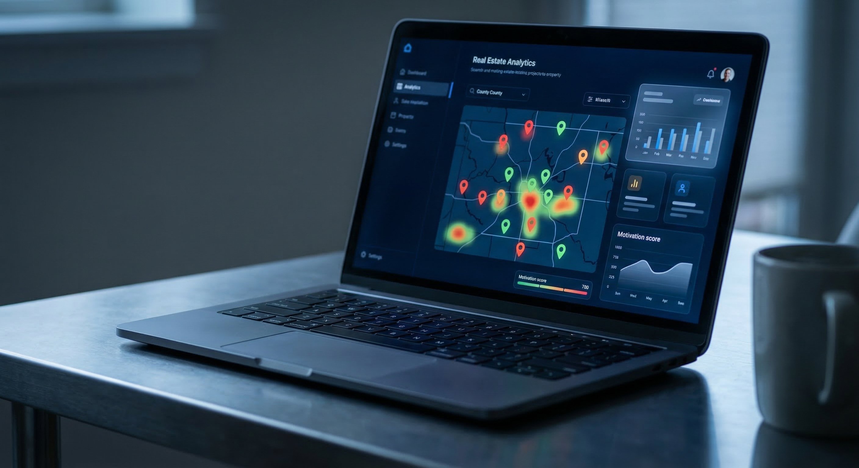 BatchLeads review 2026: real estate data dashboard showing distressed property leads on a dark-themed map interface