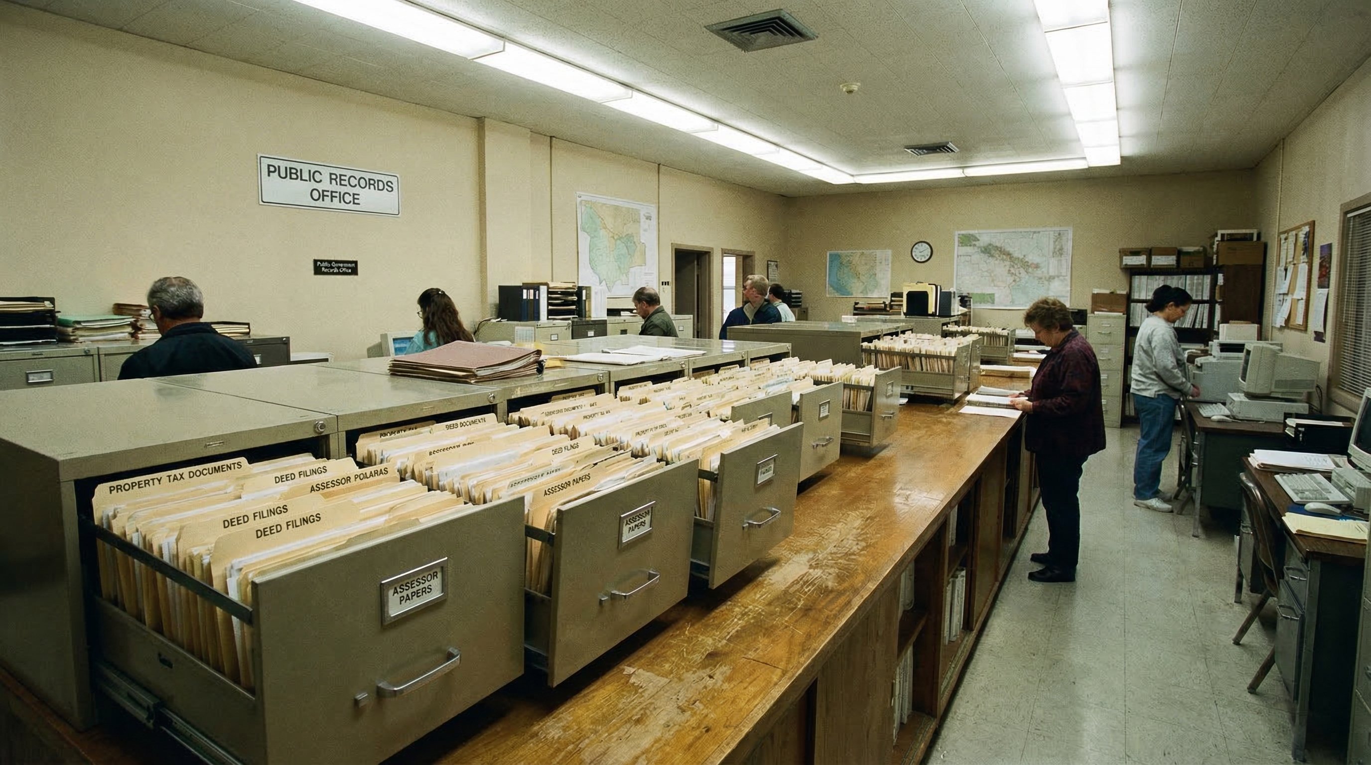 County records office with property tax documents and public records filing cabinets
