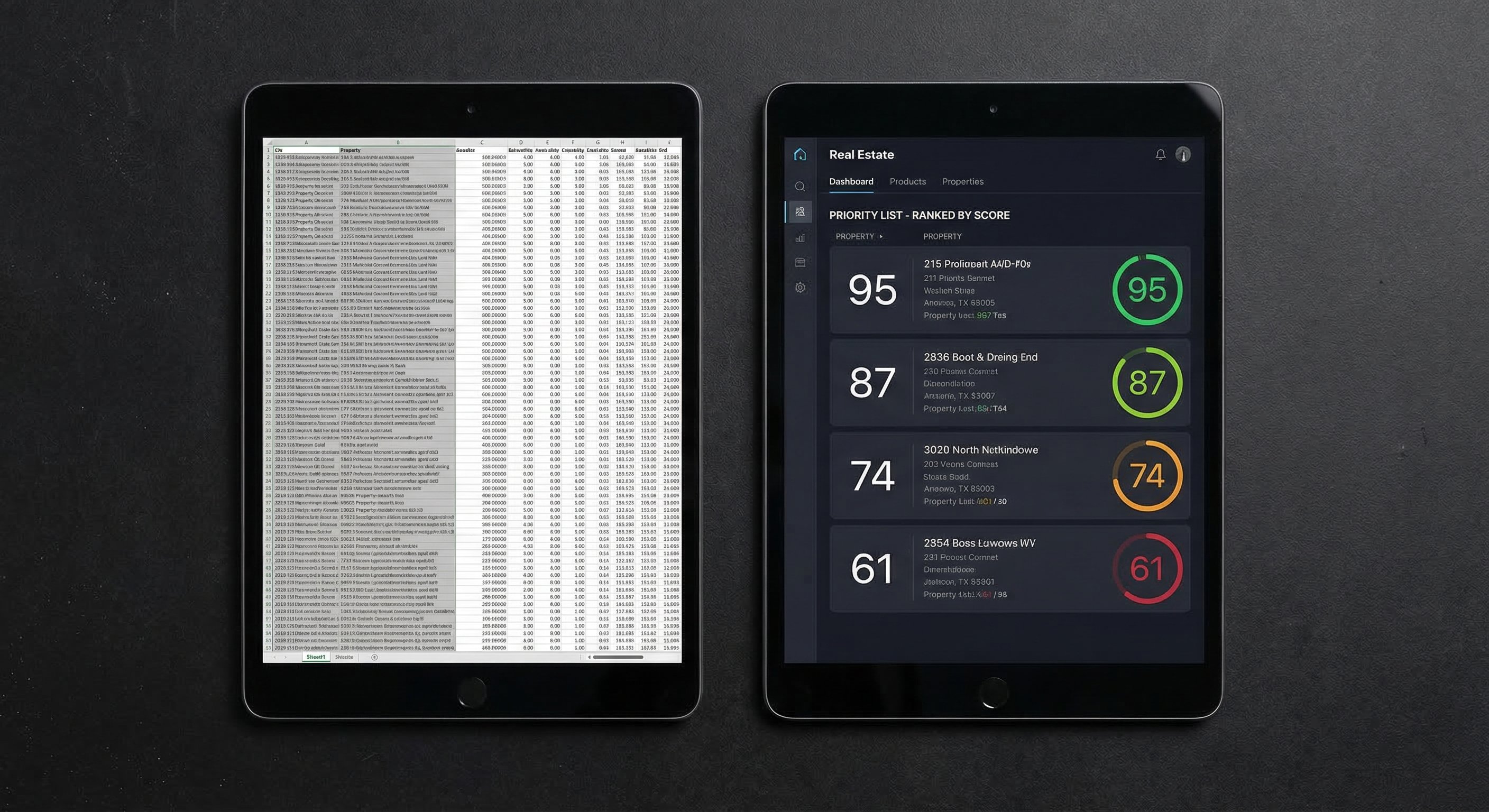 Side-by-side comparison of unsorted property spreadsheet versus ranked motivation-scored real estate leads dashboard