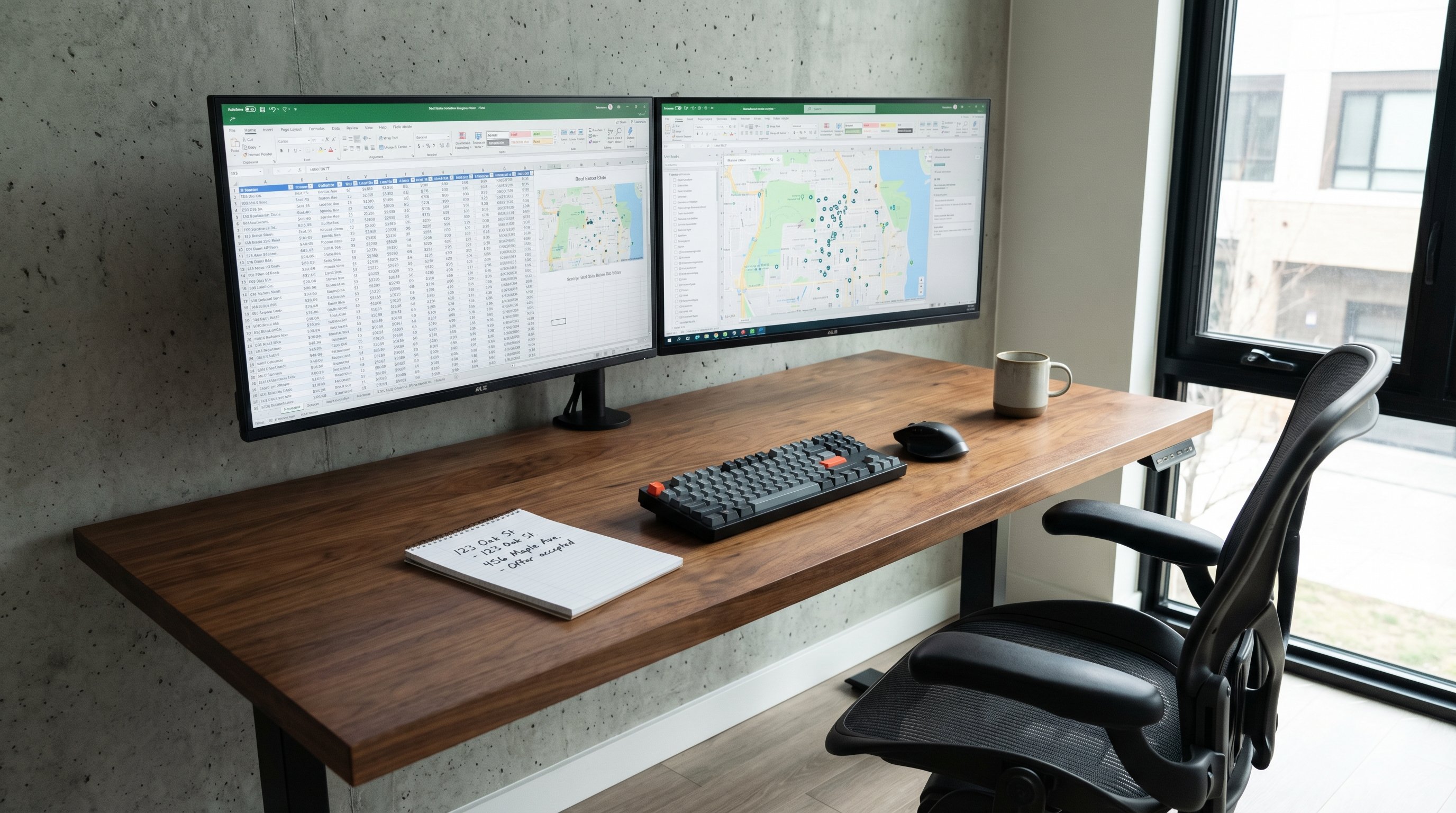 Modern home office desk with dual monitors displaying property data and ranked real estate leads with a notepad and coffee mug