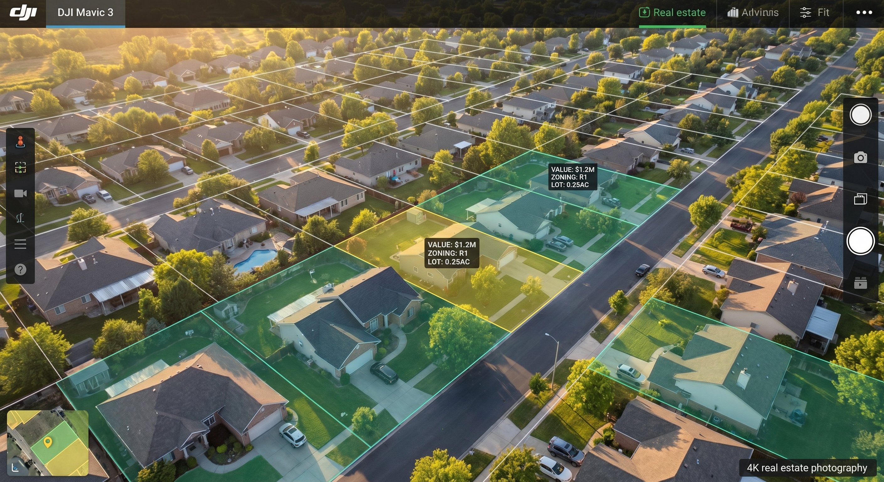 Aerial view of a residential neighborhood with grid overlay suggesting property data analysis in late afternoon golden light