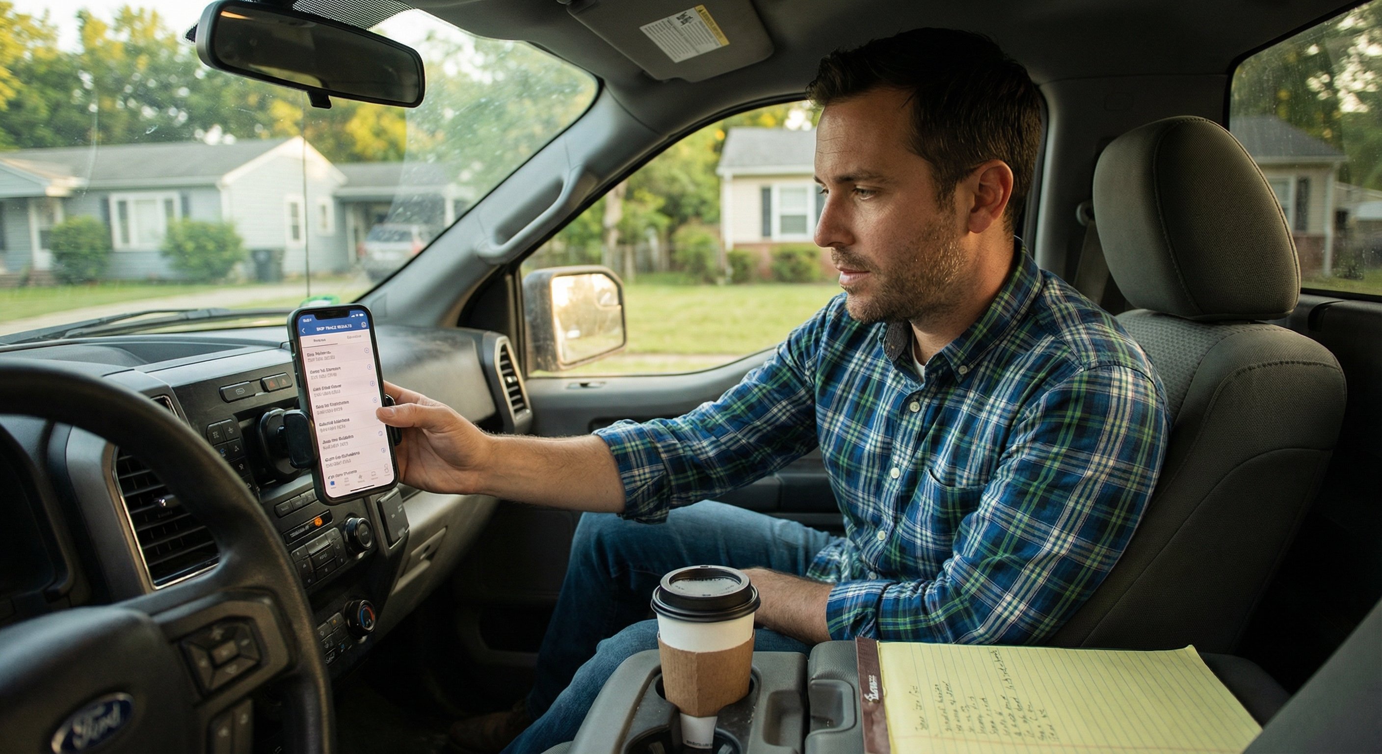 A real estate investor in a pickup truck between