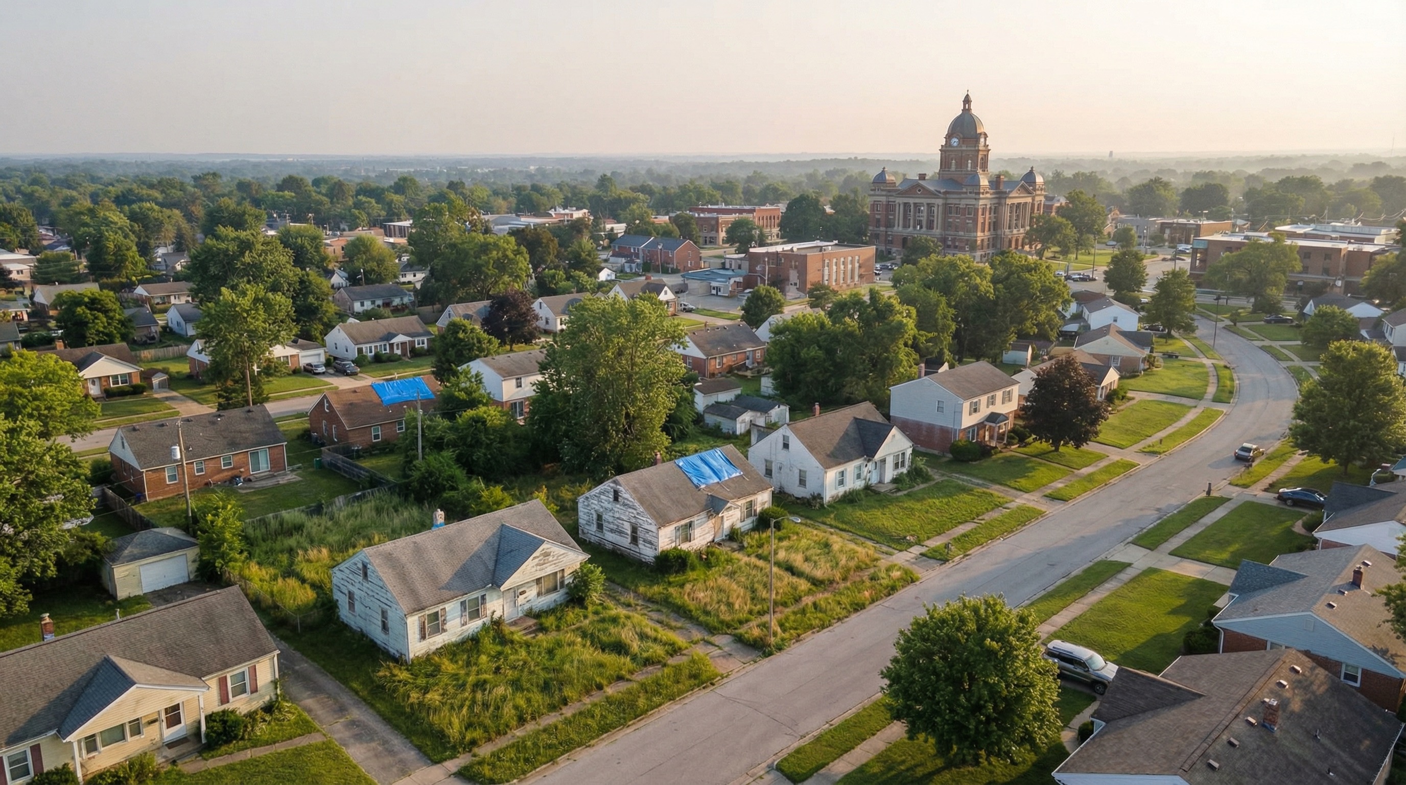 Aerial view of a suburban neighborhood with distressed properties and county courthouse, illustrating the wholesale real estate software landscape