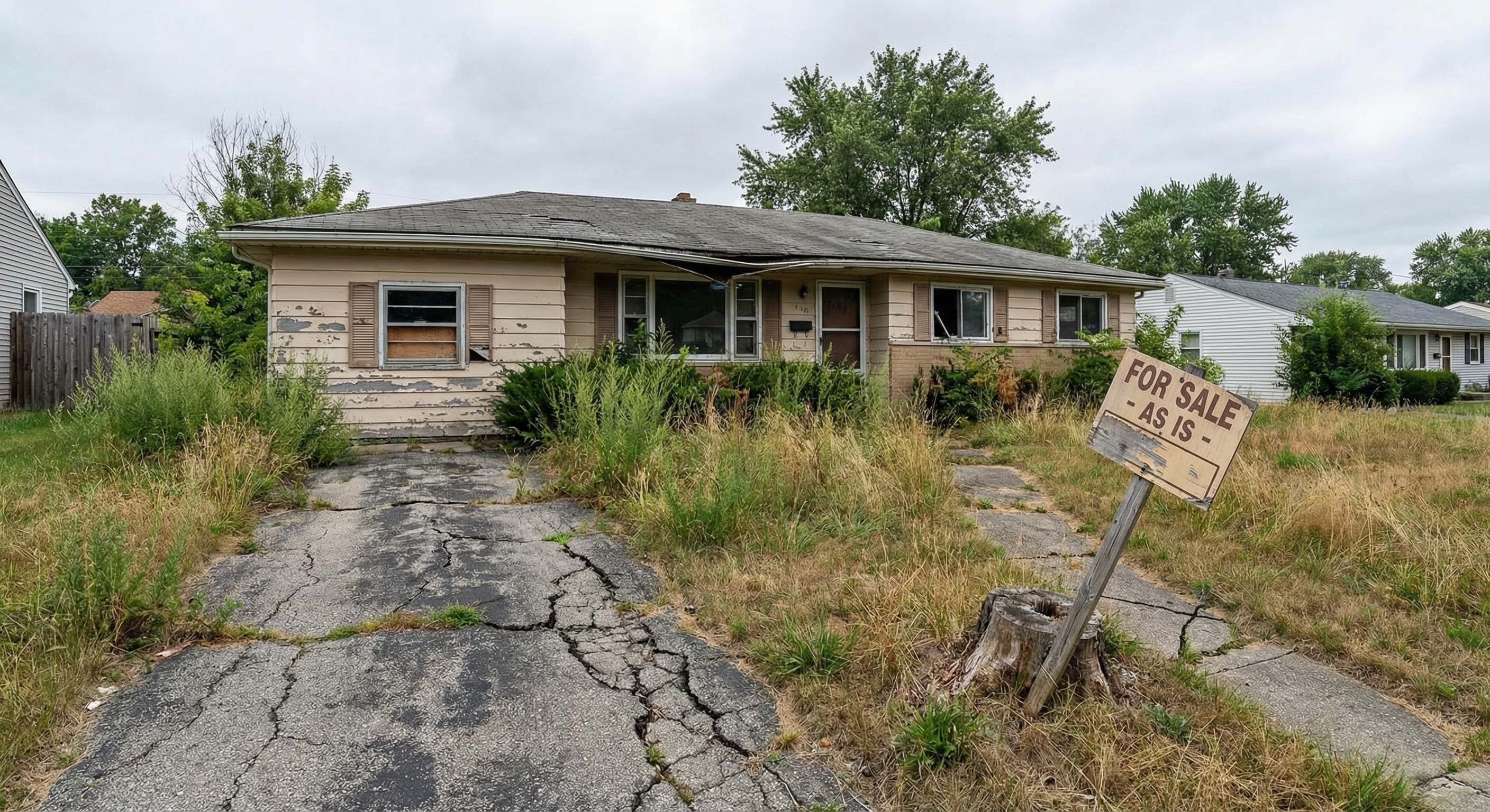 Distressed single-story ranch home with visible deferred maintenance and overgrown yard